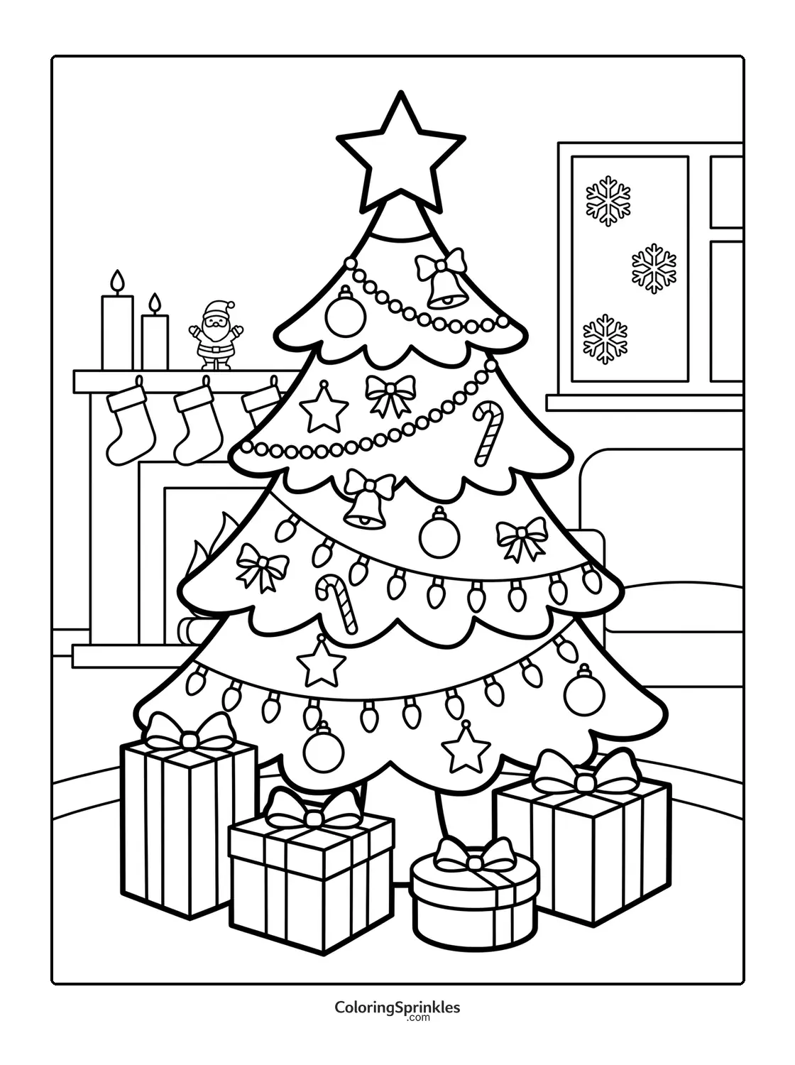 Coloring page of a decorated Christmas tree with presents by a fireplace and window with snowflakes