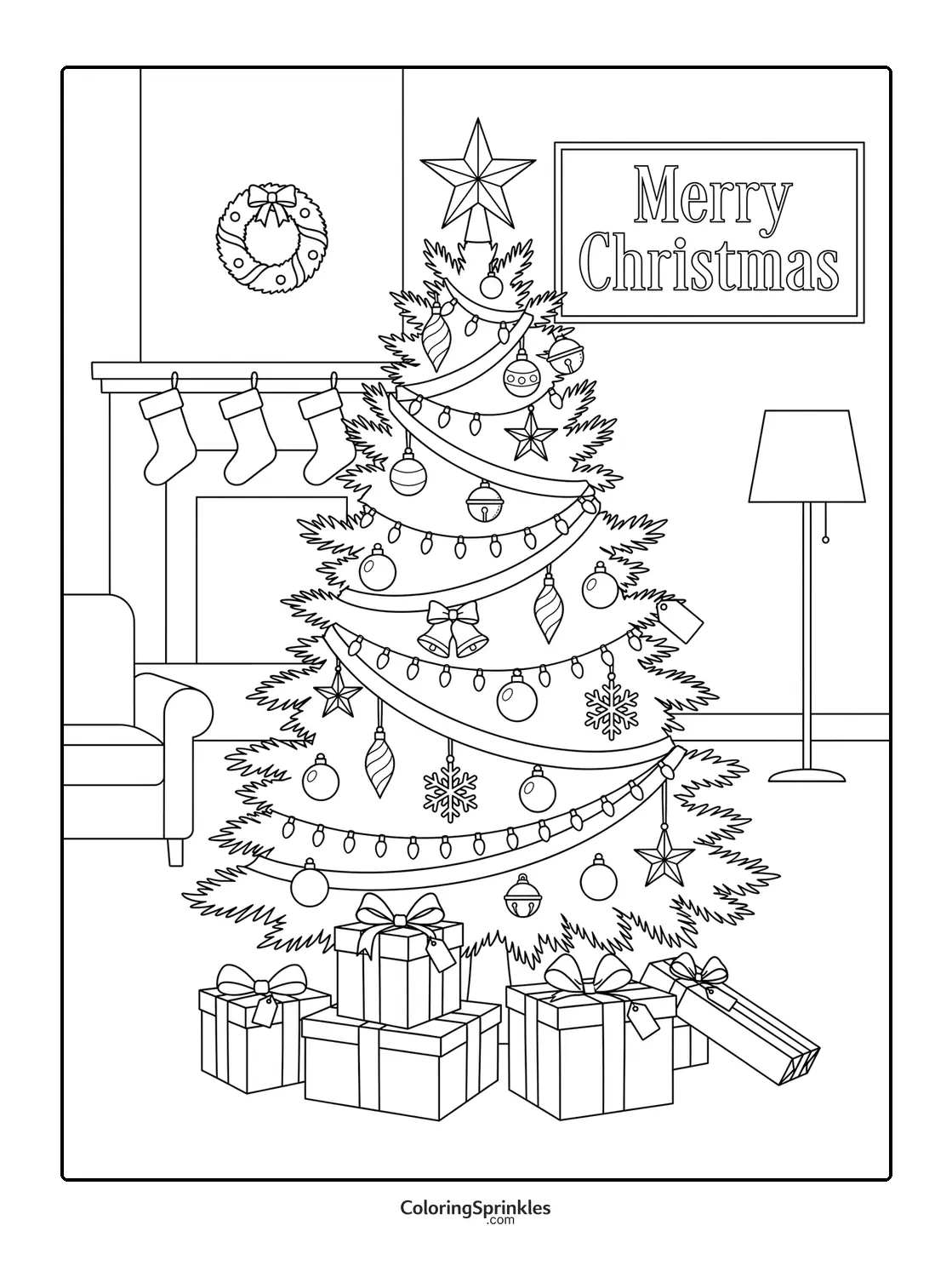 Coloring page of a decorated Christmas tree with presents in a living room