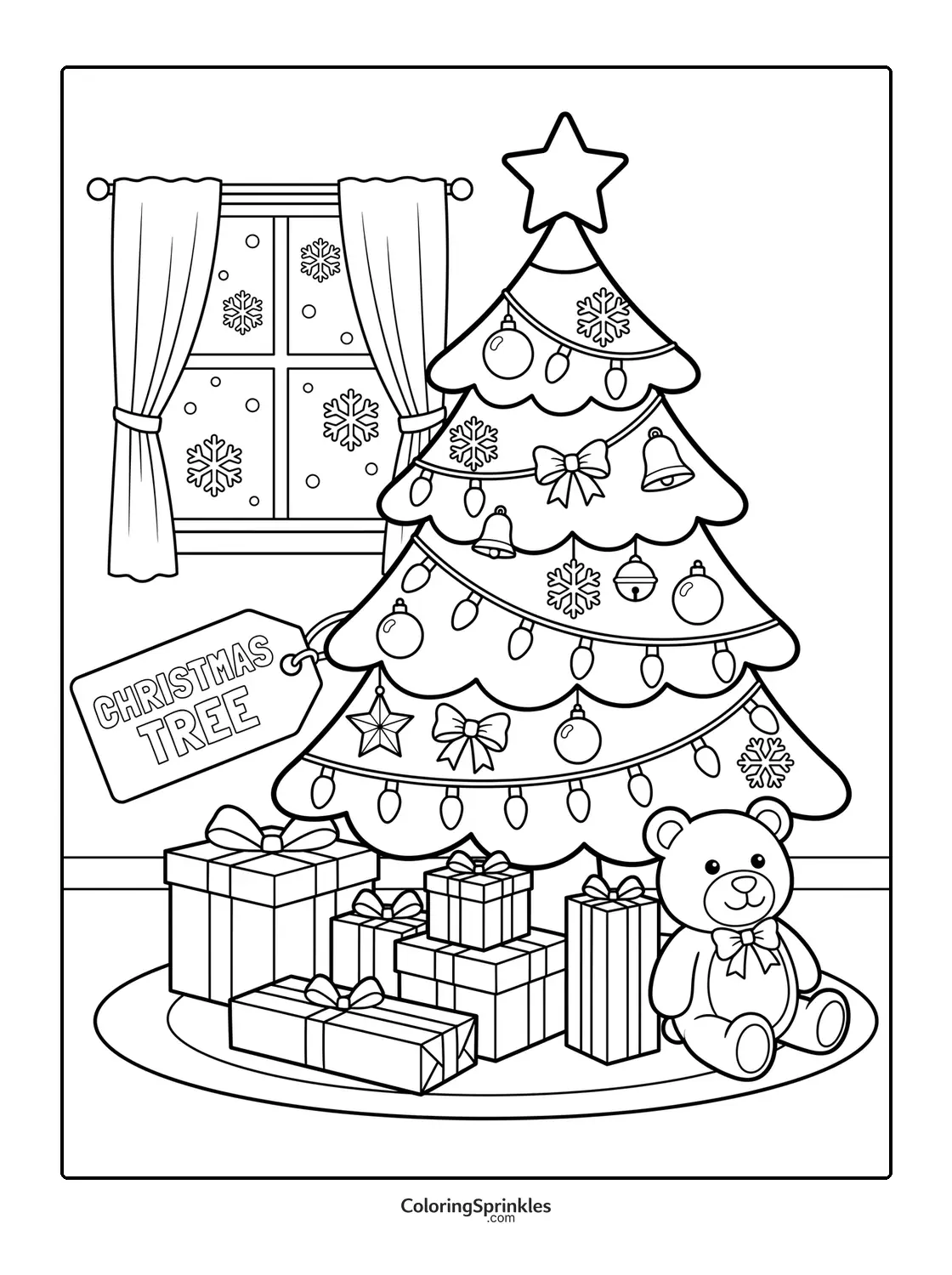 Coloring page of a decorated Christmas tree with presents, a teddy bear, and a snowy window
