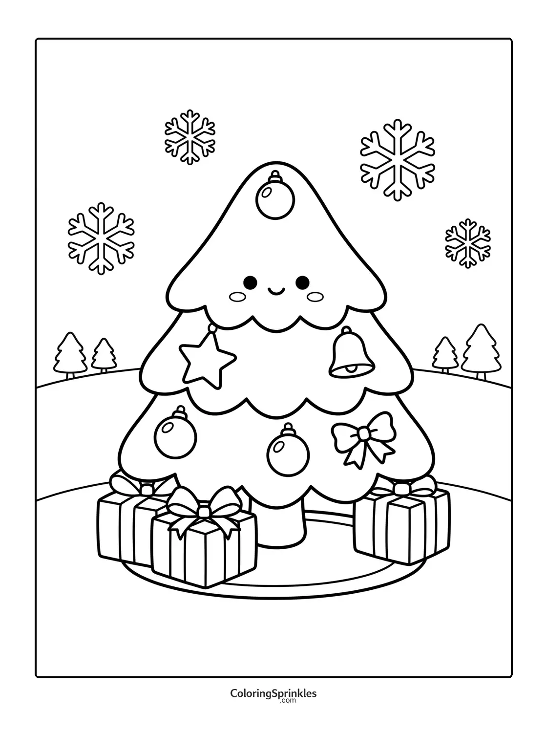 Coloring page of a smiling Christmas tree with gifts and snowflakes