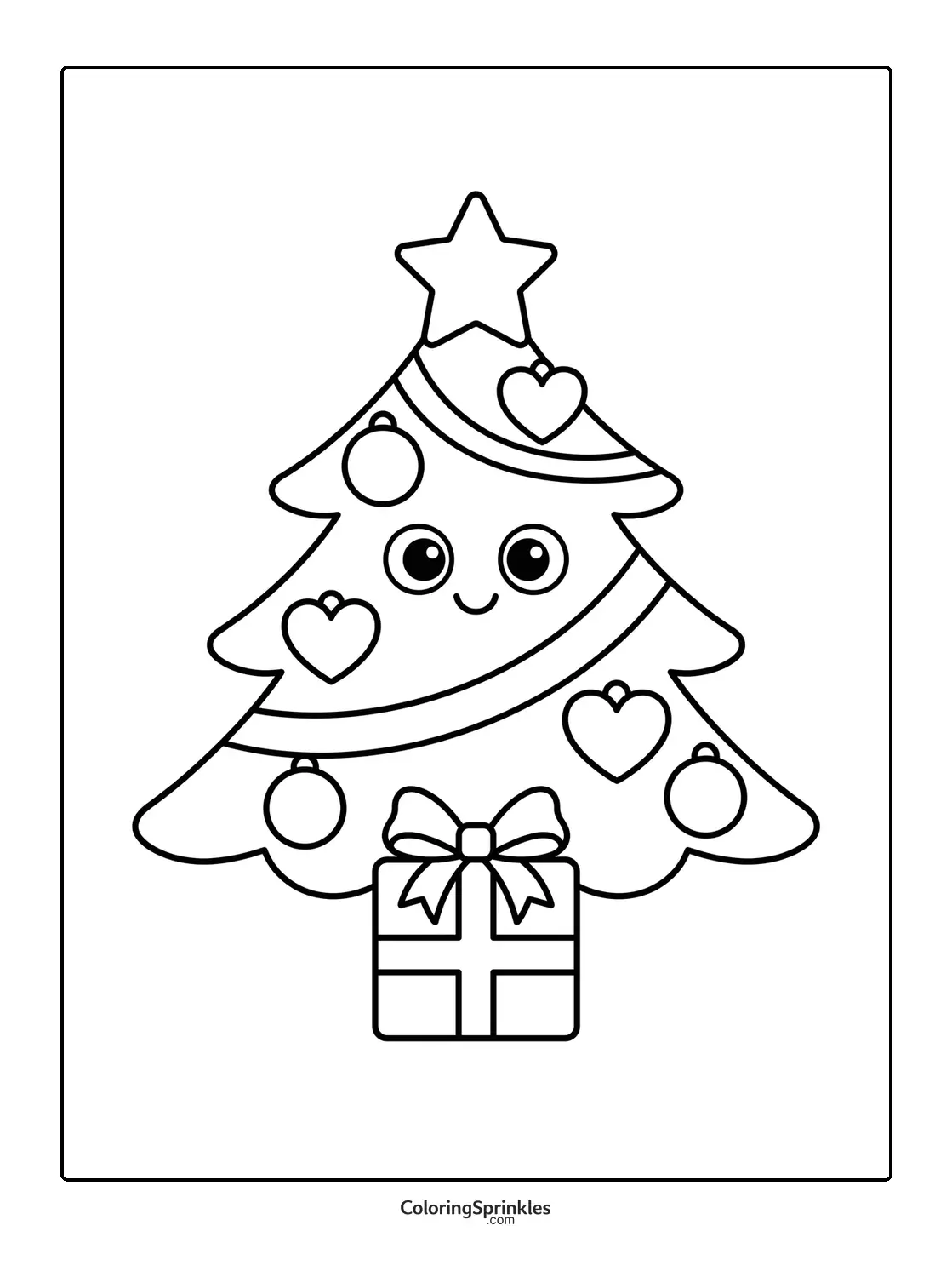 Coloring page of a smiling Christmas tree with ornaments and a gift