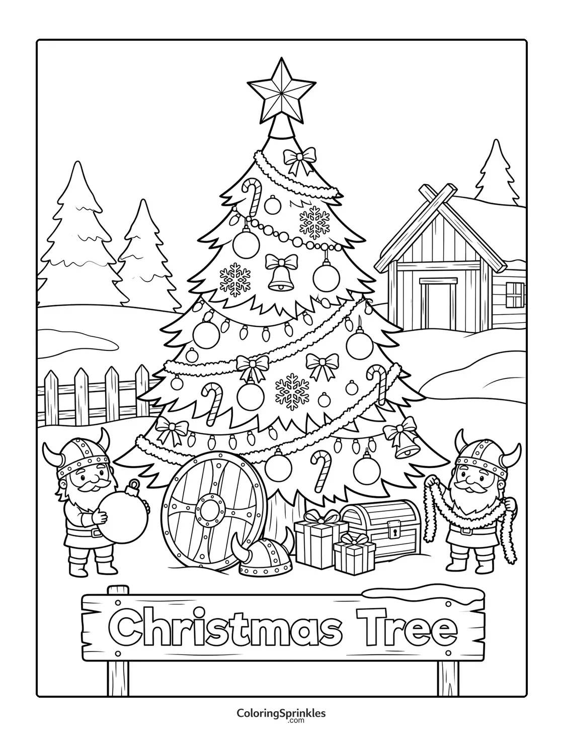Coloring page of a Christmas tree decorated by Vikings with gifts and a winter cabin