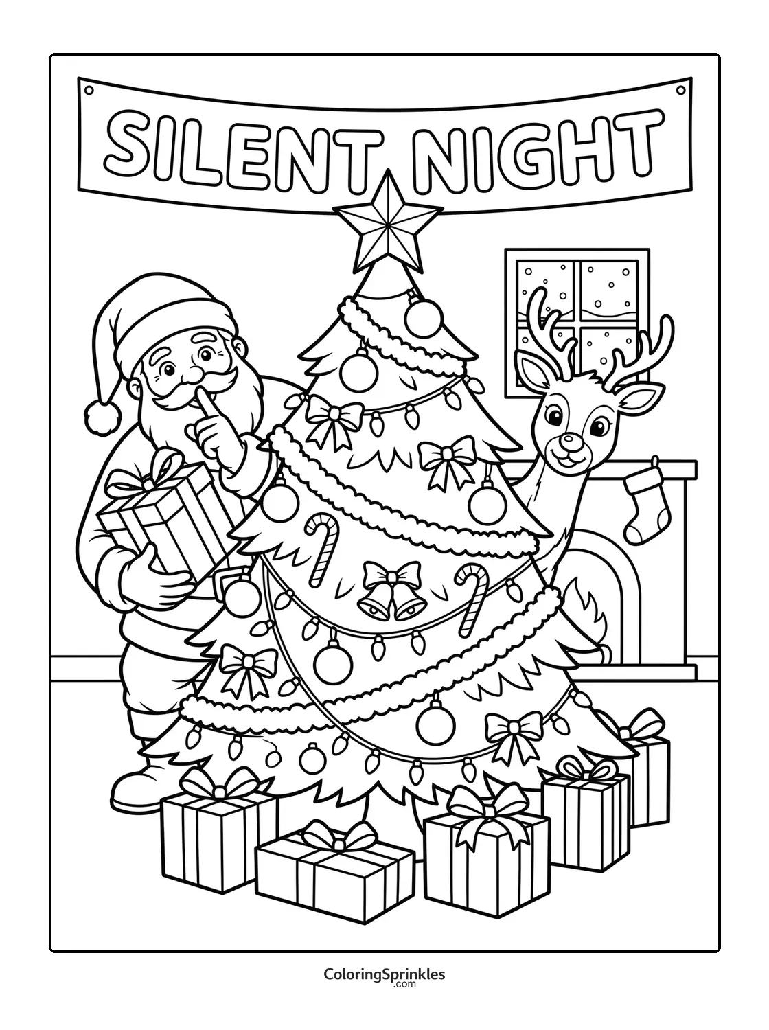 Coloring page of Santa Claus with a Christmas tree, reindeer, and gifts under a Silent Night banner