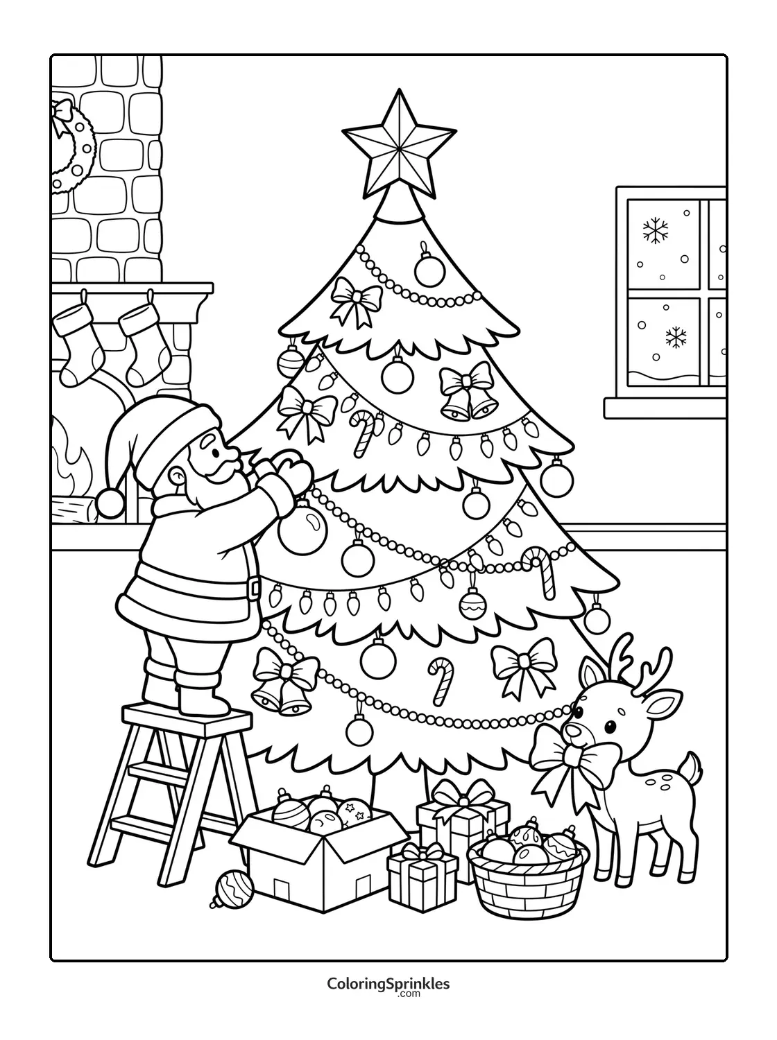 Coloring page of Santa decorating a Christmas tree with a reindeer nearby