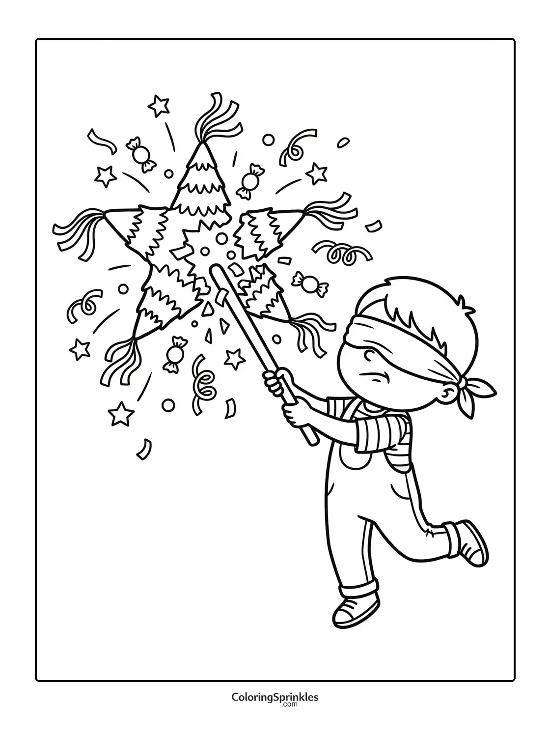 Coloring page of a blindfolded boy hitting a star-shaped piñata for Cinco de Mayo