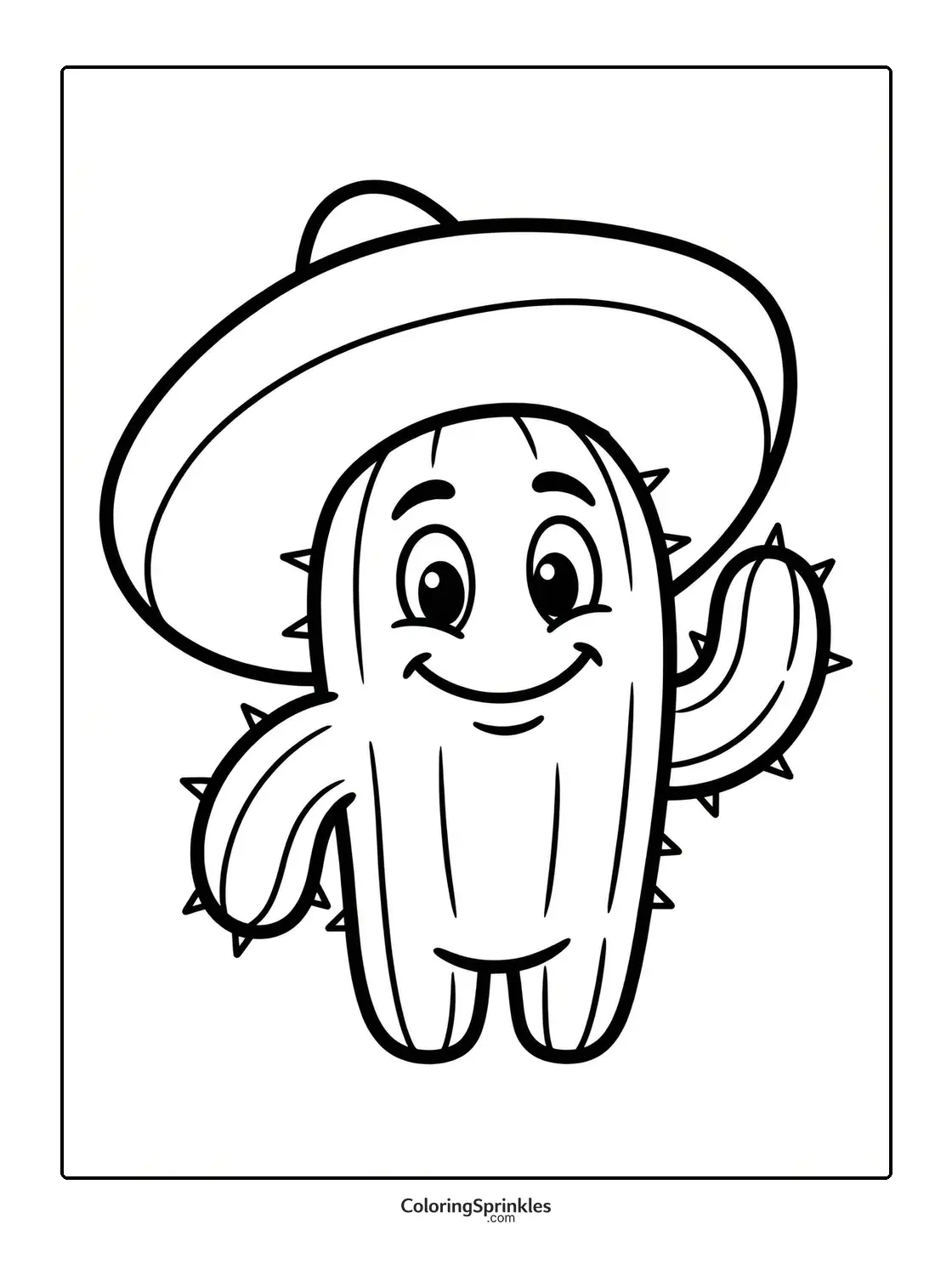 Coloring page of a smiling cactus character wearing a sombrero
