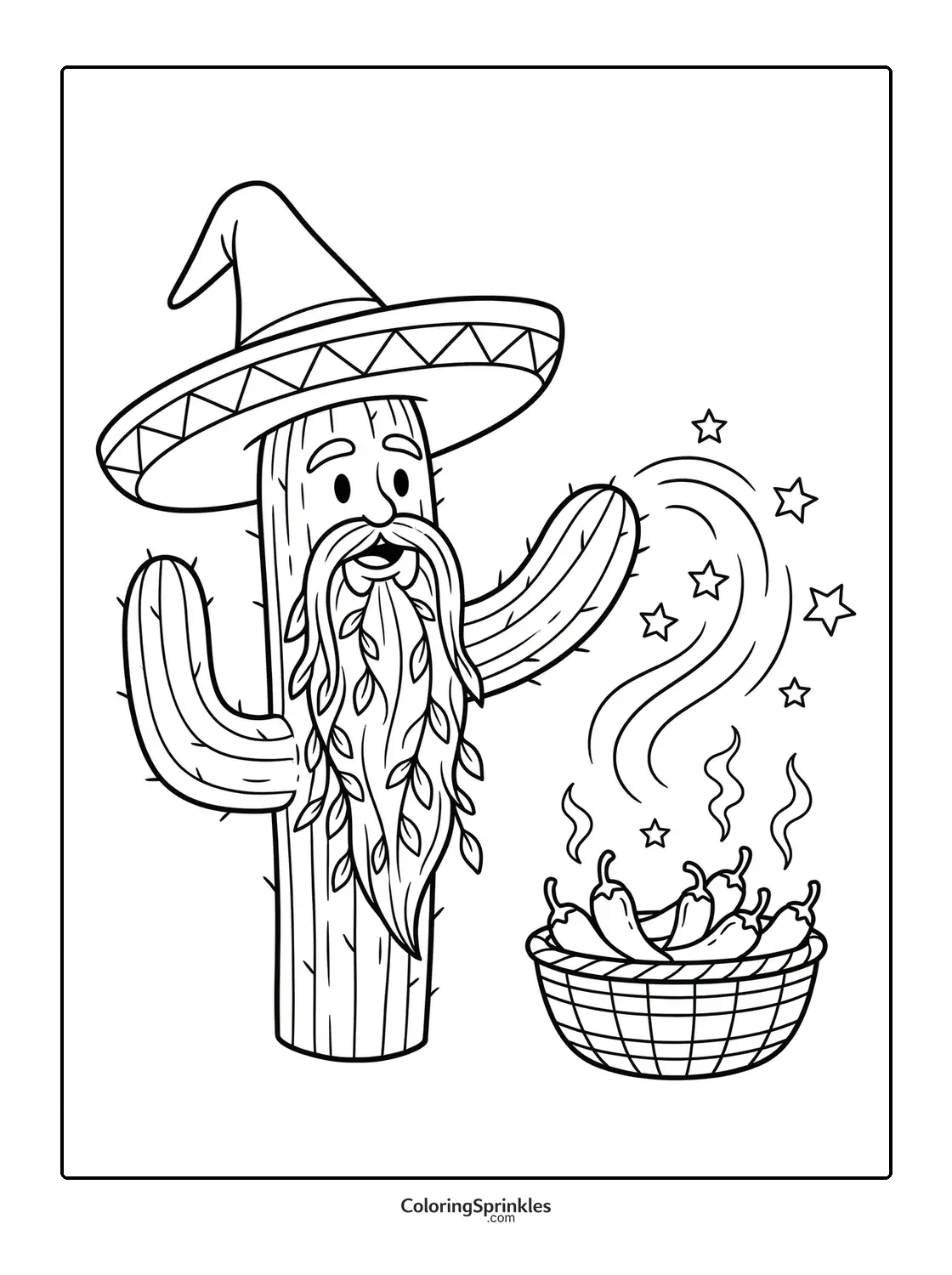 Coloring page of a cactus man wearing a sombrero with a basket of spicy peppers