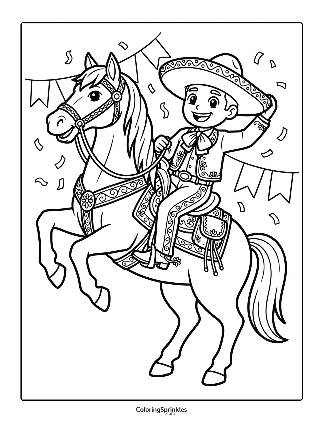 Coloring page of a boy in traditional Mexican attire riding a horse
