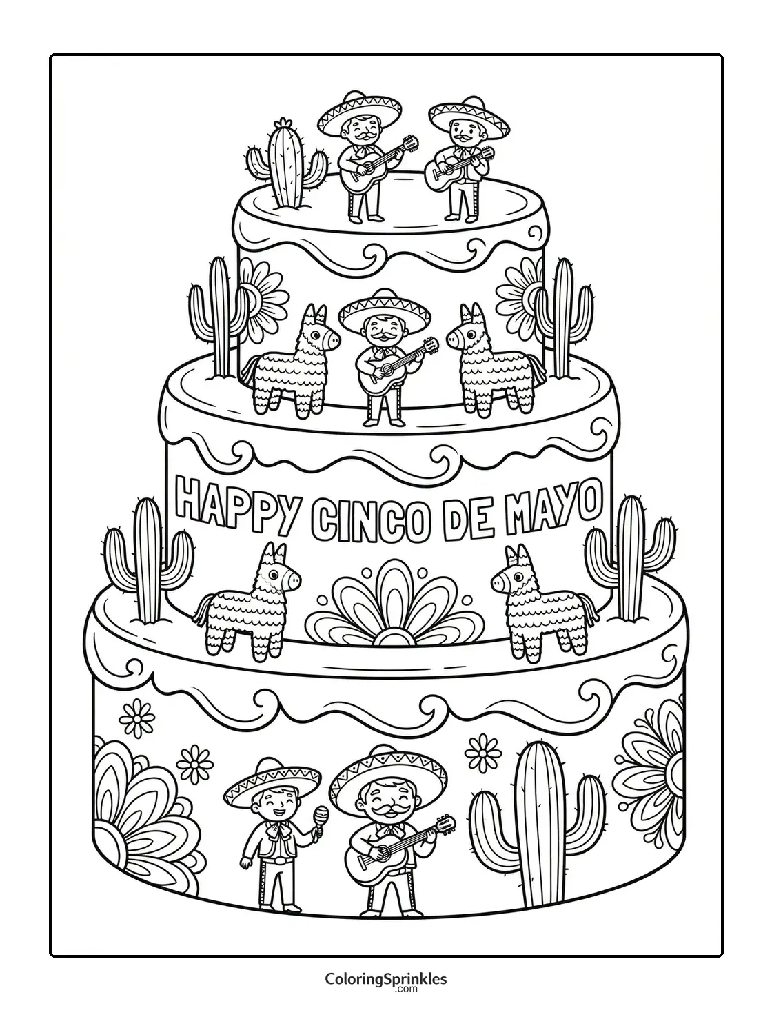 Coloring page of a three-tier Cinco de Mayo cake with mariachi musicians and cactus decorations