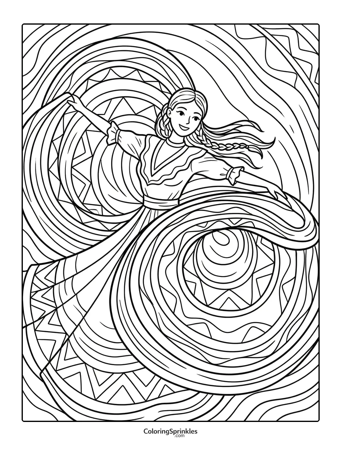 Coloring page of a Cinco de Mayo dancer in traditional dress