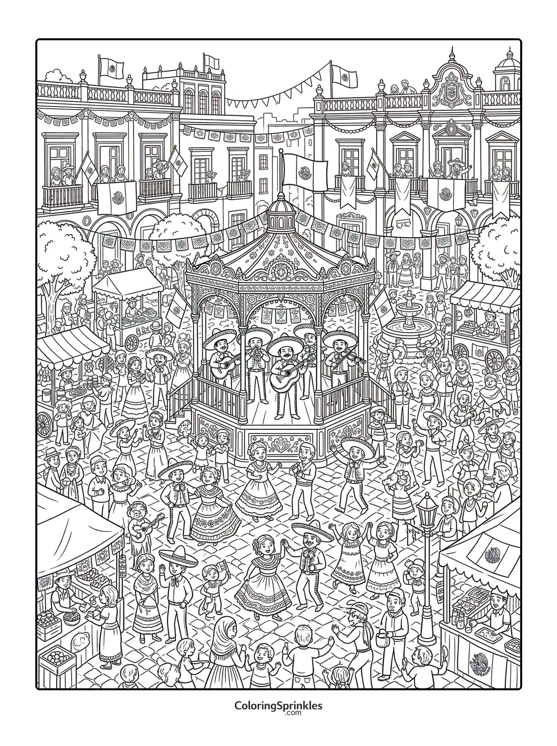 Coloring page of a Cinco de Mayo festival with dancing and a mariachi band