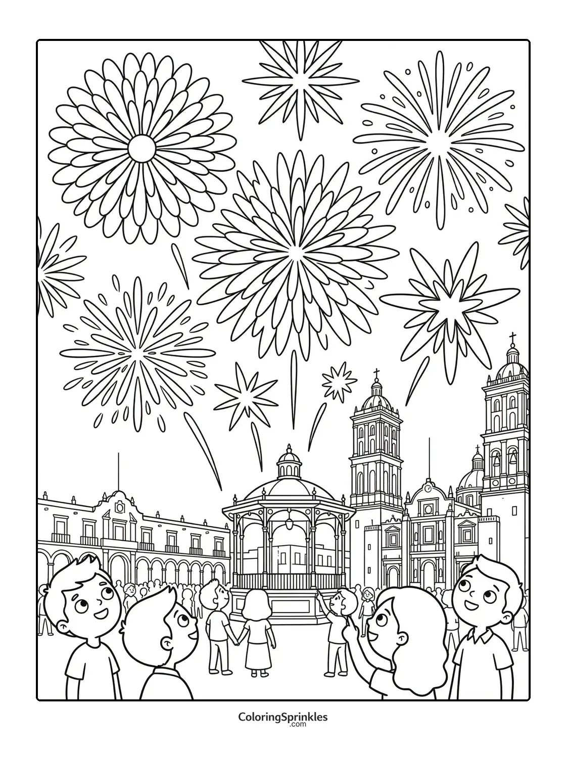 Coloring page of children watching fireworks in a plaza for Cinco de Mayo