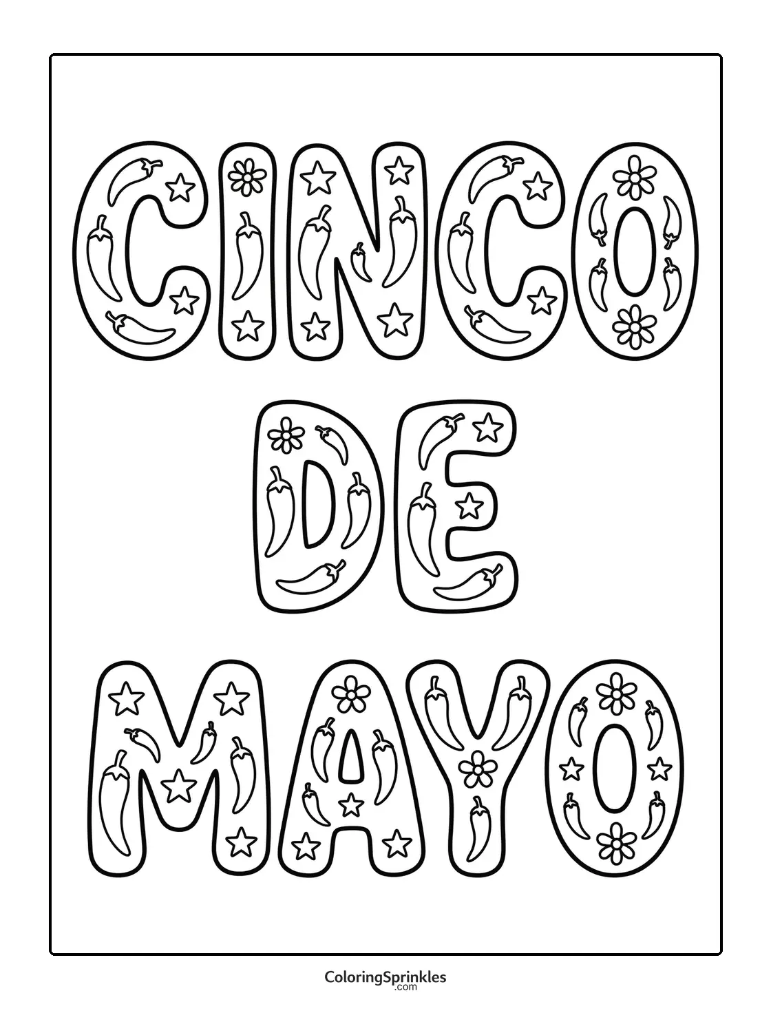 Coloring page of Cinco de Mayo letters decorated with peppers, flowers, and stars