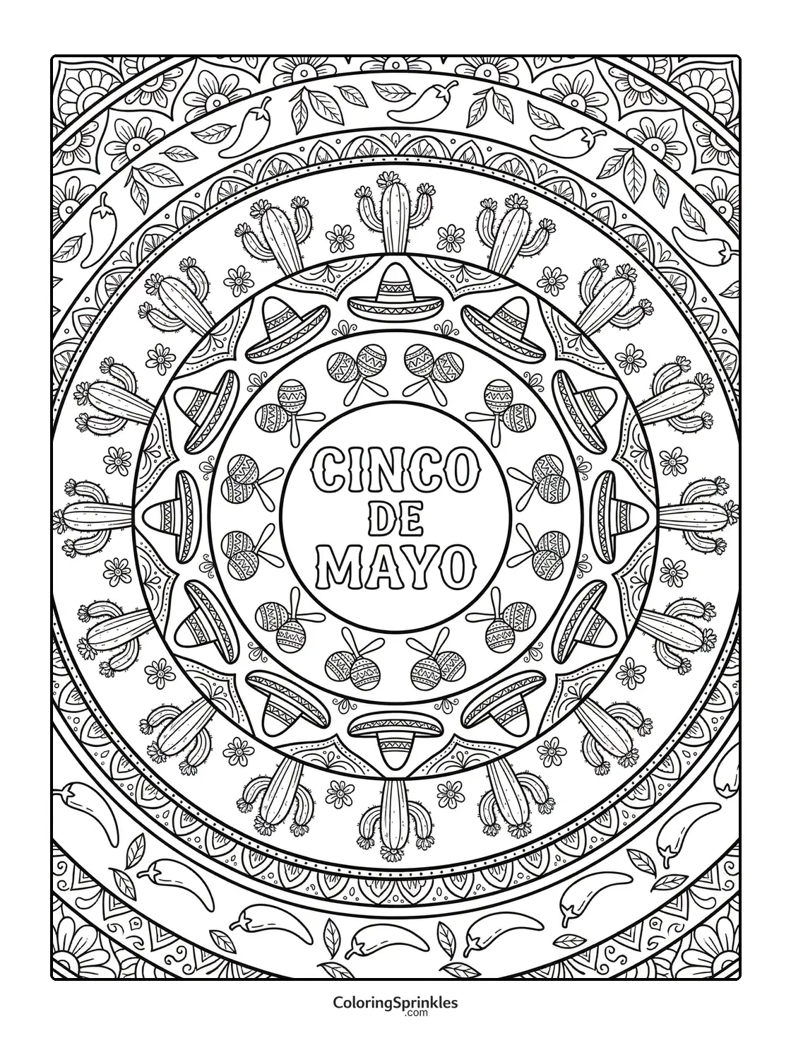 Coloring page of a Cinco de Mayo mandala with hats, maracas, cactus and chili peppers
