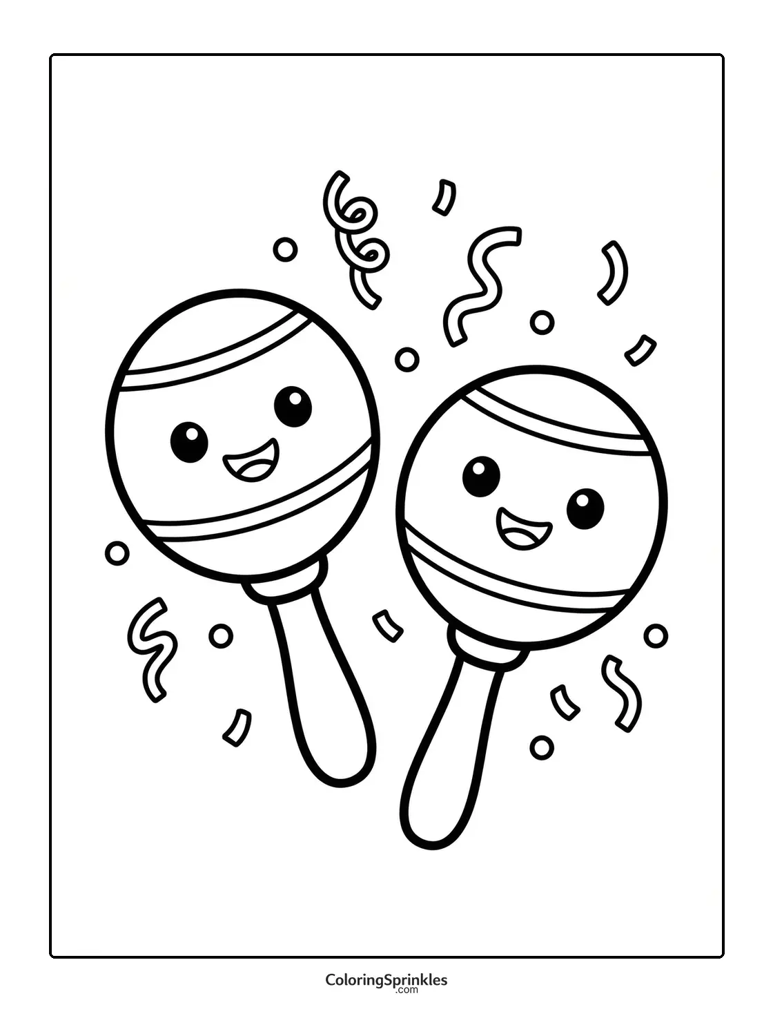 Coloring page of smiling maracas with confetti for Cinco de Mayo