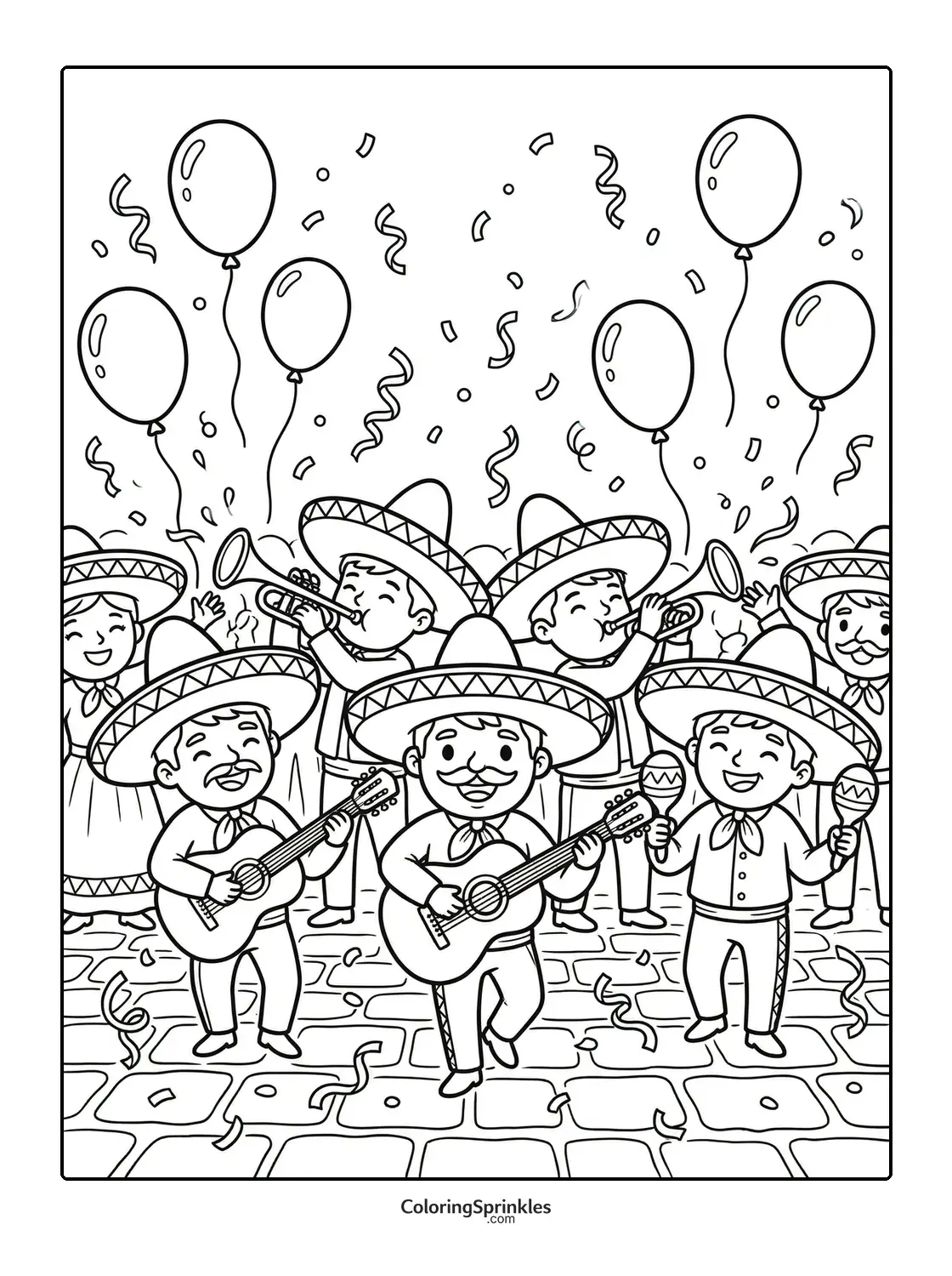 Coloring page of a Cinco de Mayo mariachi band playing music with balloons and confetti