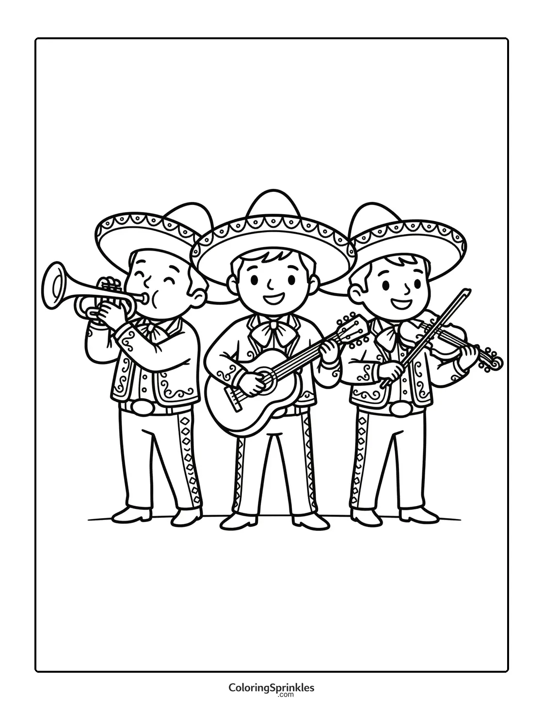 Coloring page of three children dressed as mariachi musicians playing instruments