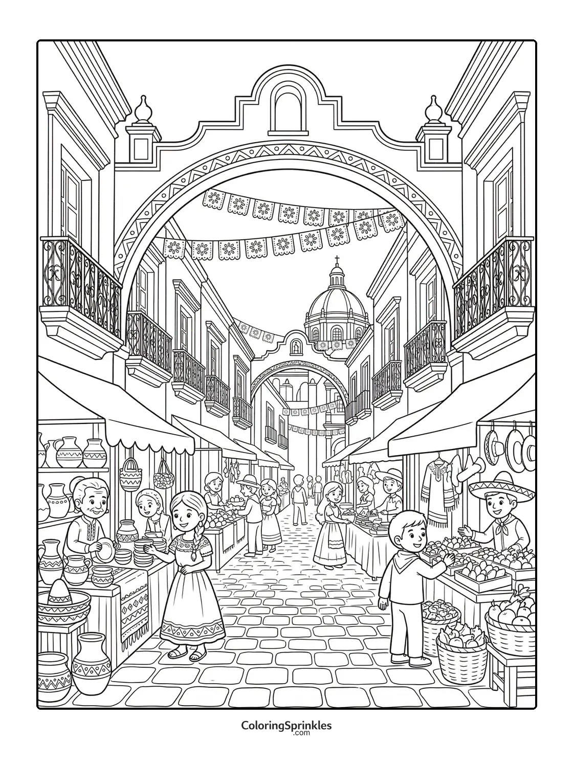 Coloring page of a Cinco de Mayo market street with children and vendors