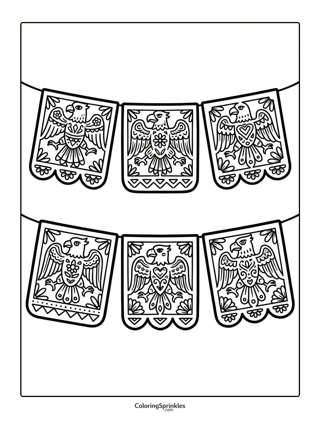 Coloring page of papel picado banners with eagle designs for Cinco de Mayo