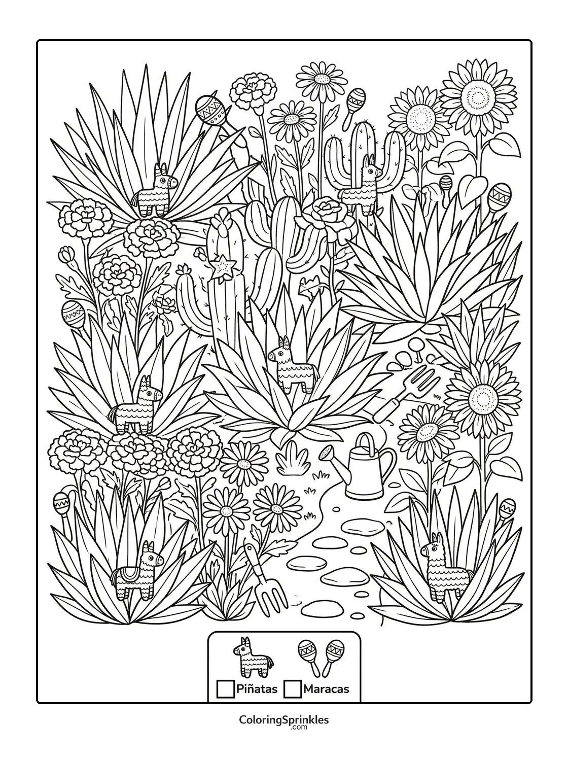 Coloring page of a Cinco de Mayo garden with piñatas and maracas