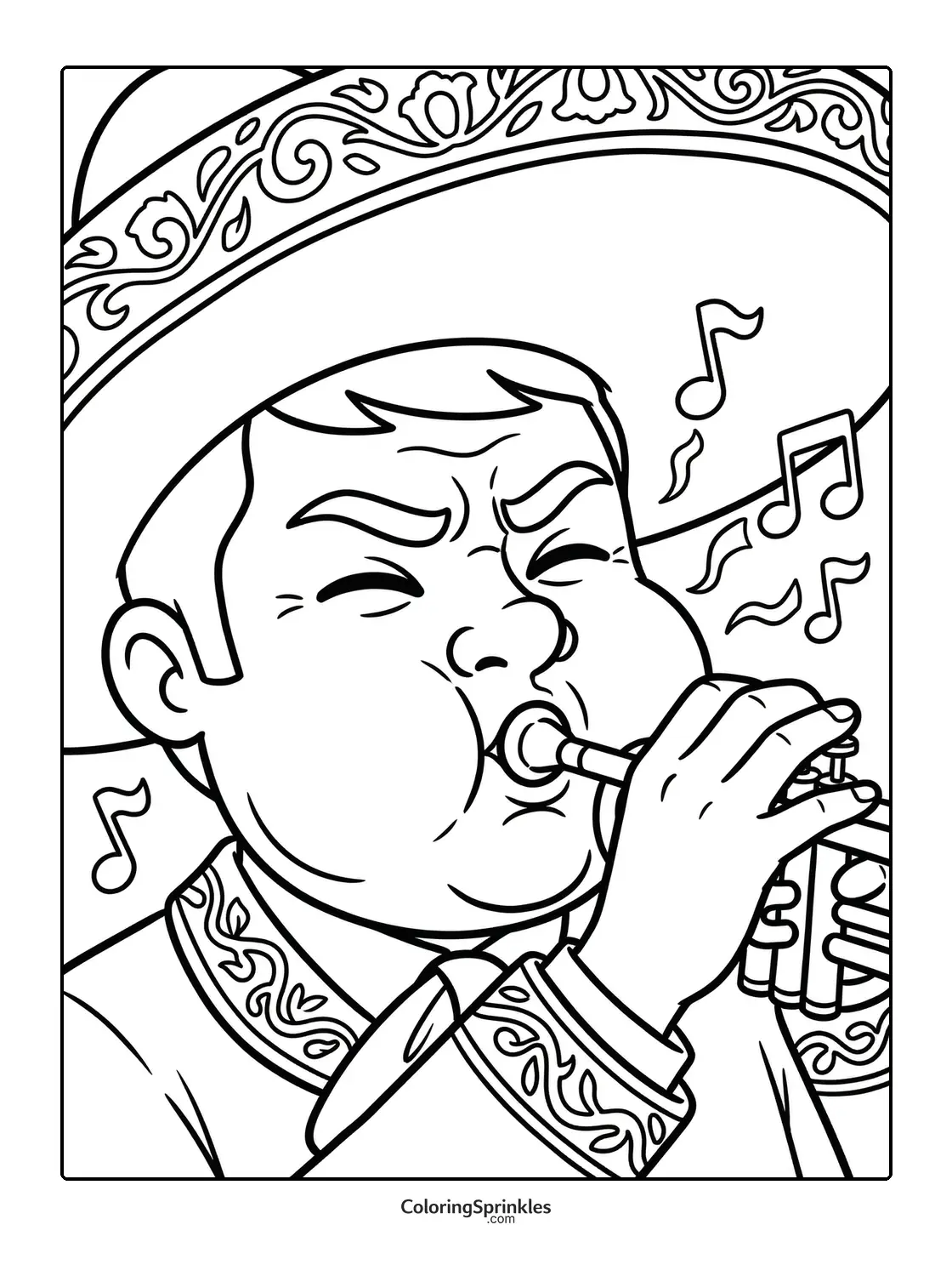 Coloring page of a Cinco de Mayo trumpet player wearing a mariachi hat
