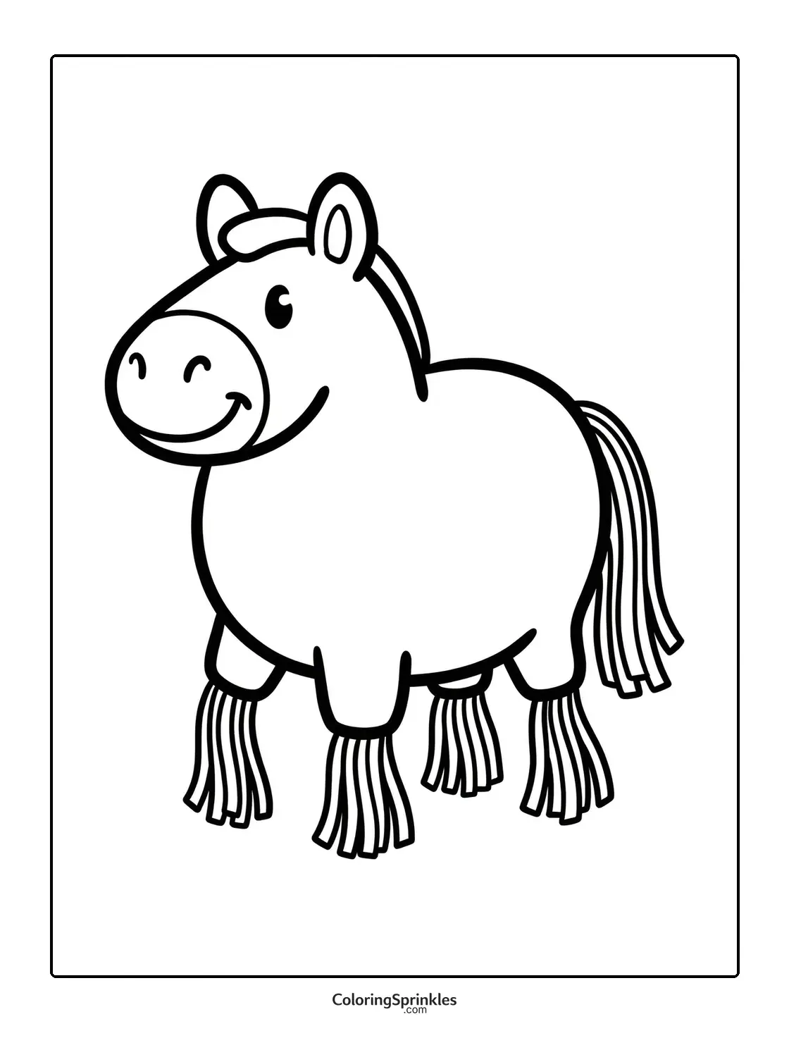 Coloring page of a cute smiling horse with fringed hooves and tail