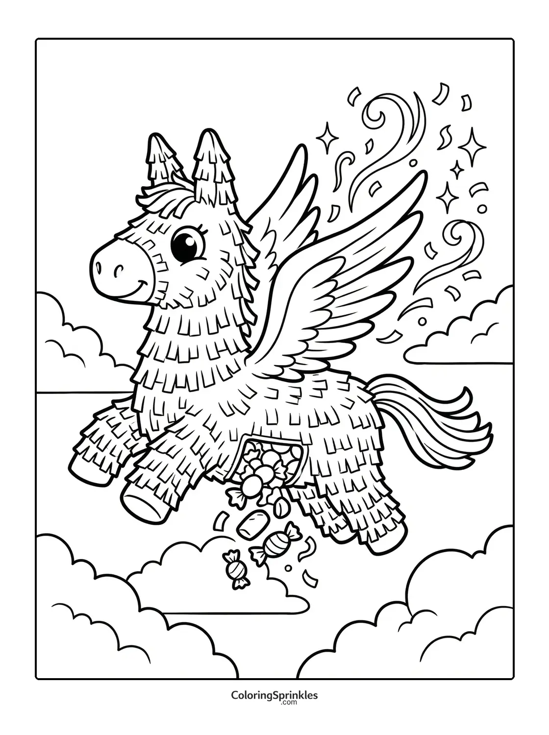 Coloring page of a flying piñata spilling candy with confetti