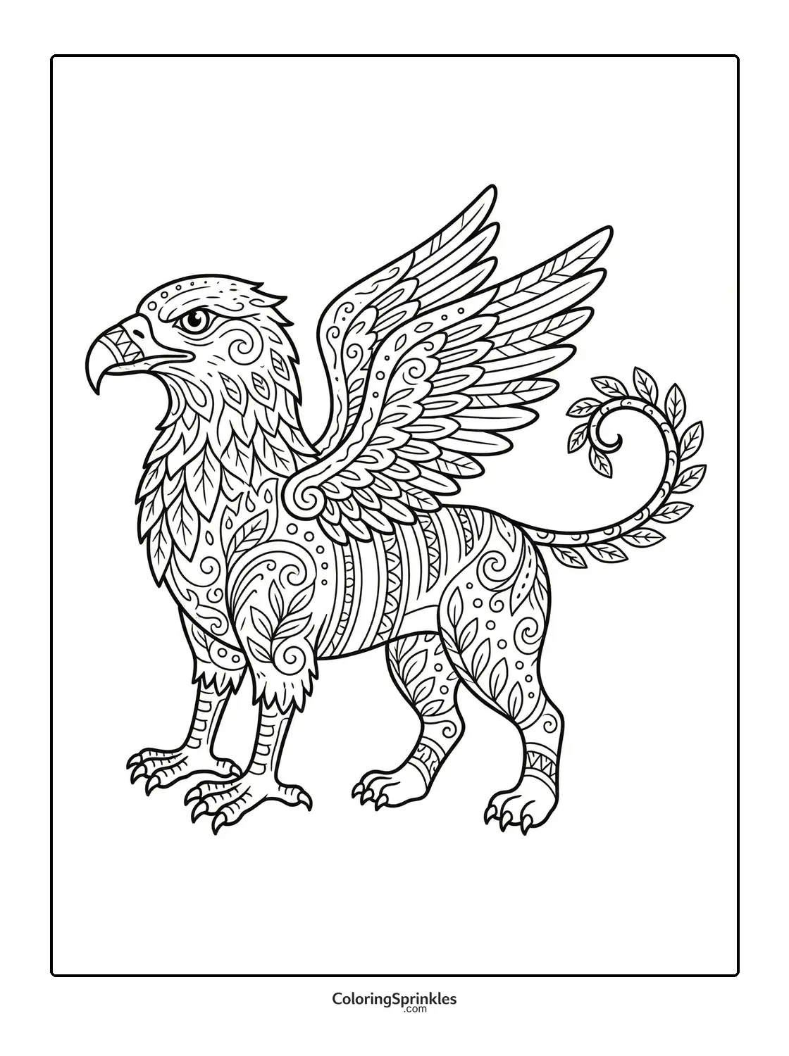 Coloring page of a griffin mythical creature with intricate patterns