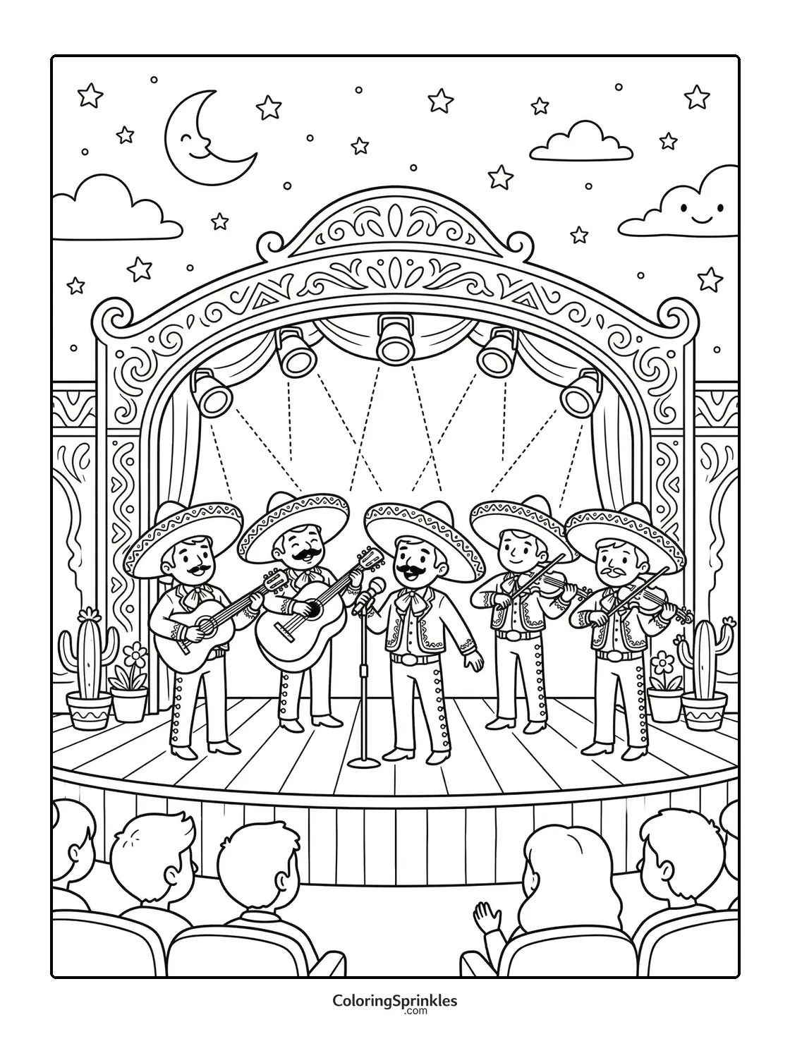 Coloring page of a mariachi band performing on stage at night