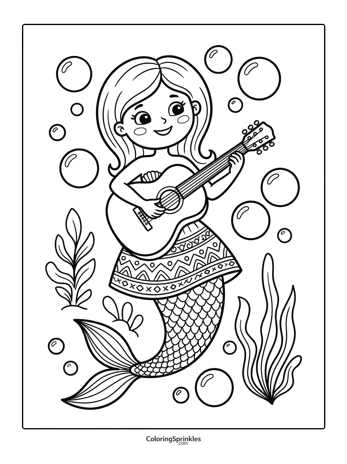 Coloring page of a mermaid playing guitar underwater with bubbles