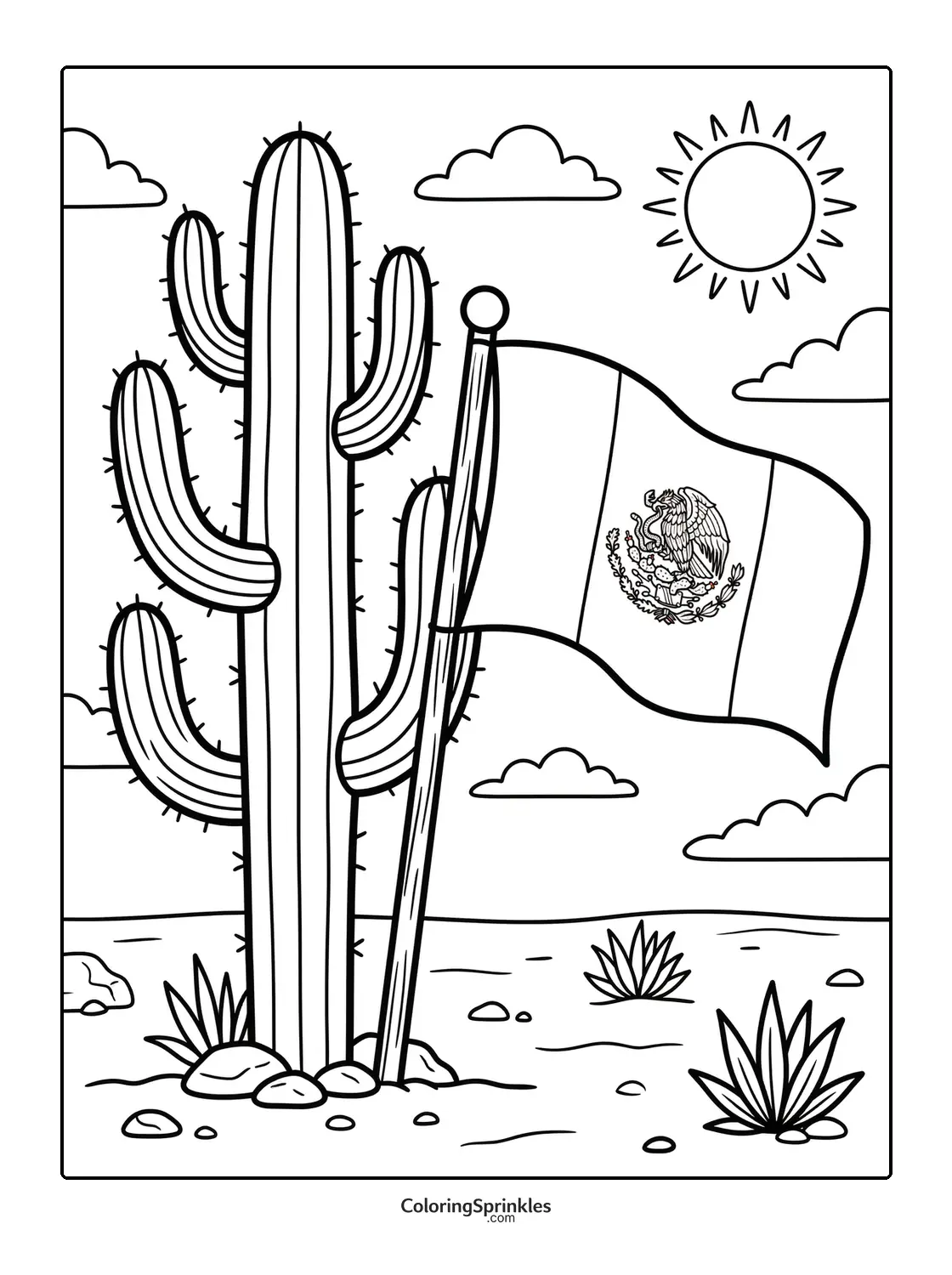 Coloring page of a Mexican flag waving next to a cactus in a desert
