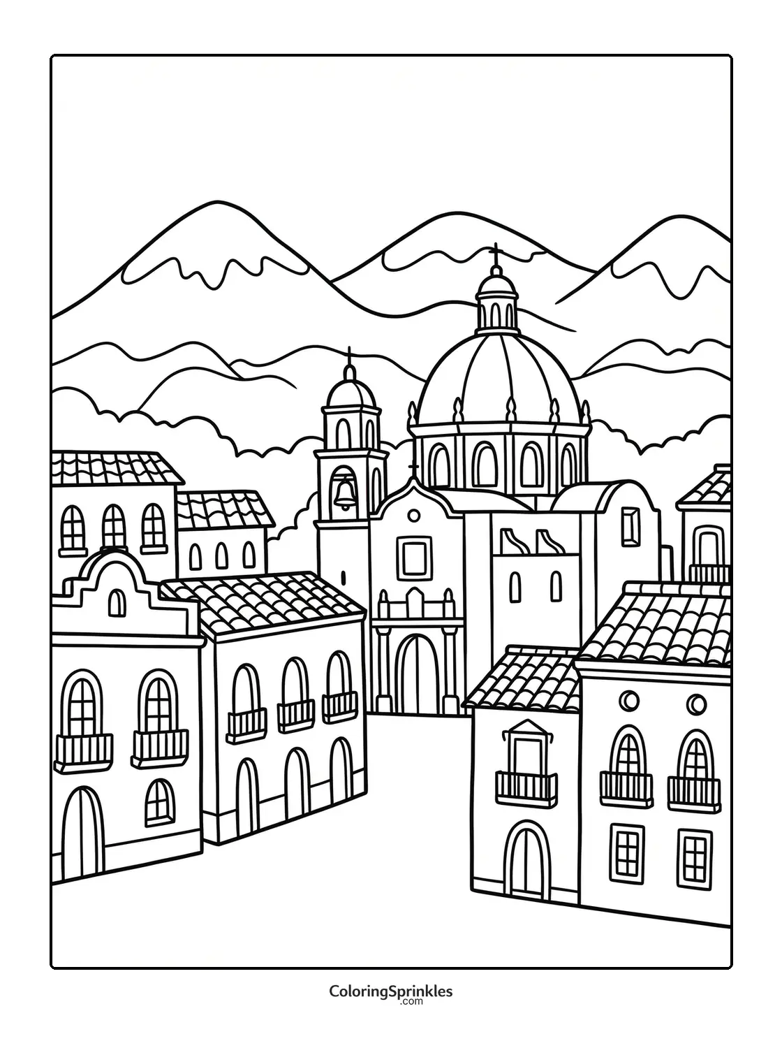 Coloring page of a Mexican town with traditional buildings and a church with mountains in the background