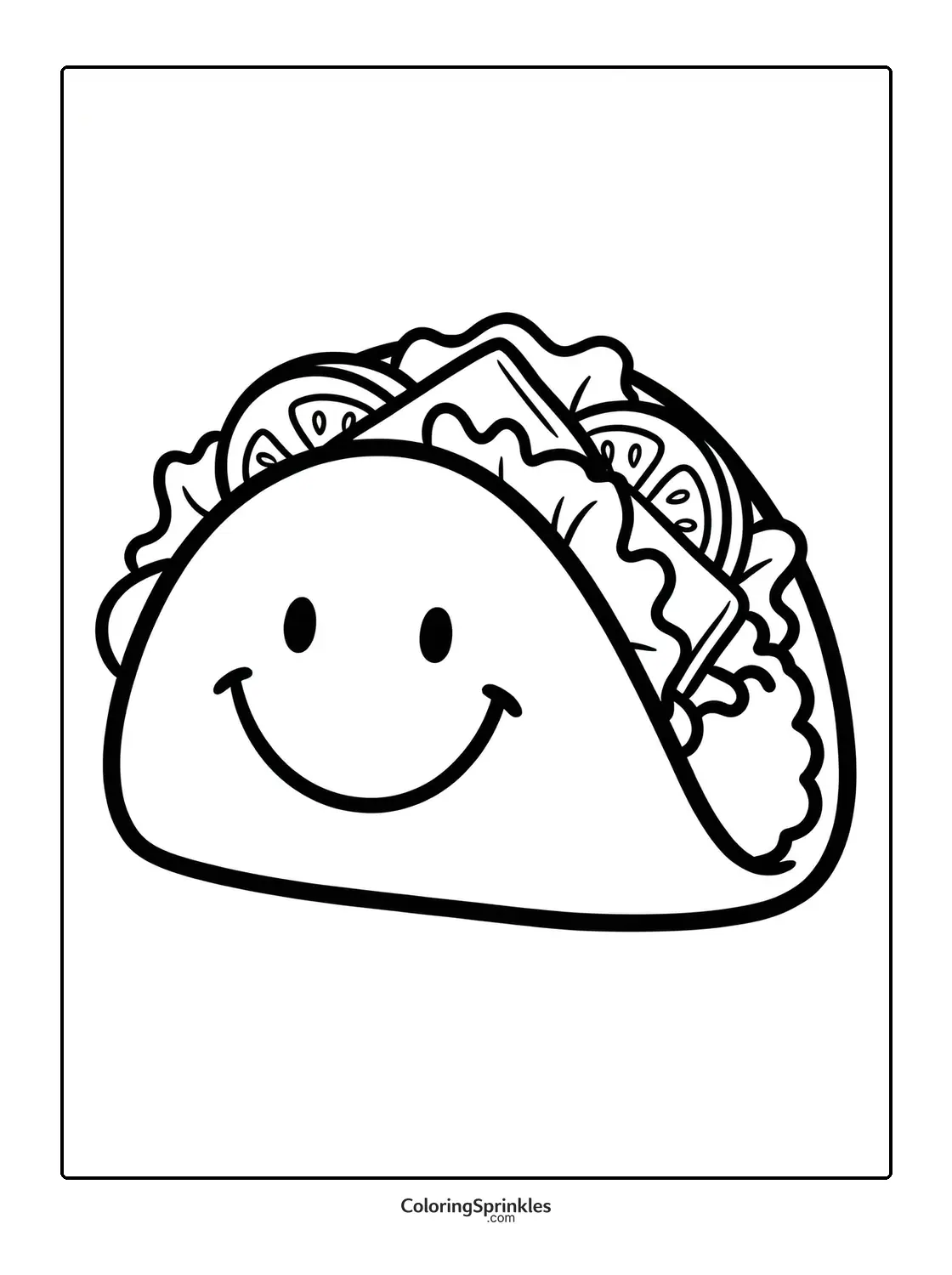 Coloring page of a smiling taco with lettuce, tomato, and cheese