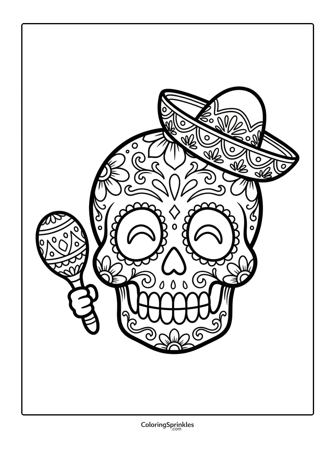 Coloring page of a sugar skull wearing a sombrero and holding a maraca