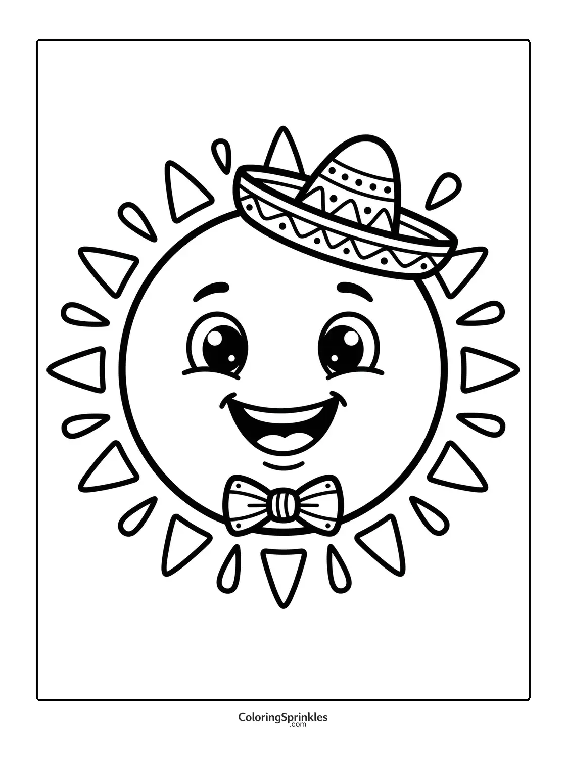 Coloring page of a smiling sun wearing a sombrero and bowtie for Cinco de Mayo