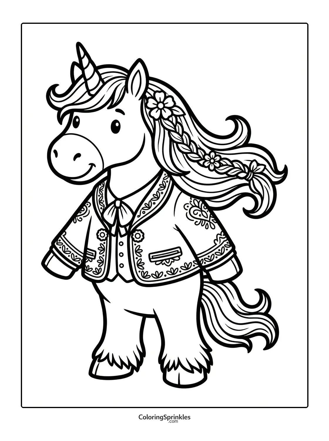 Coloring page of a unicorn wearing a traditional Cinco de Mayo jacket with braided hair and flowers