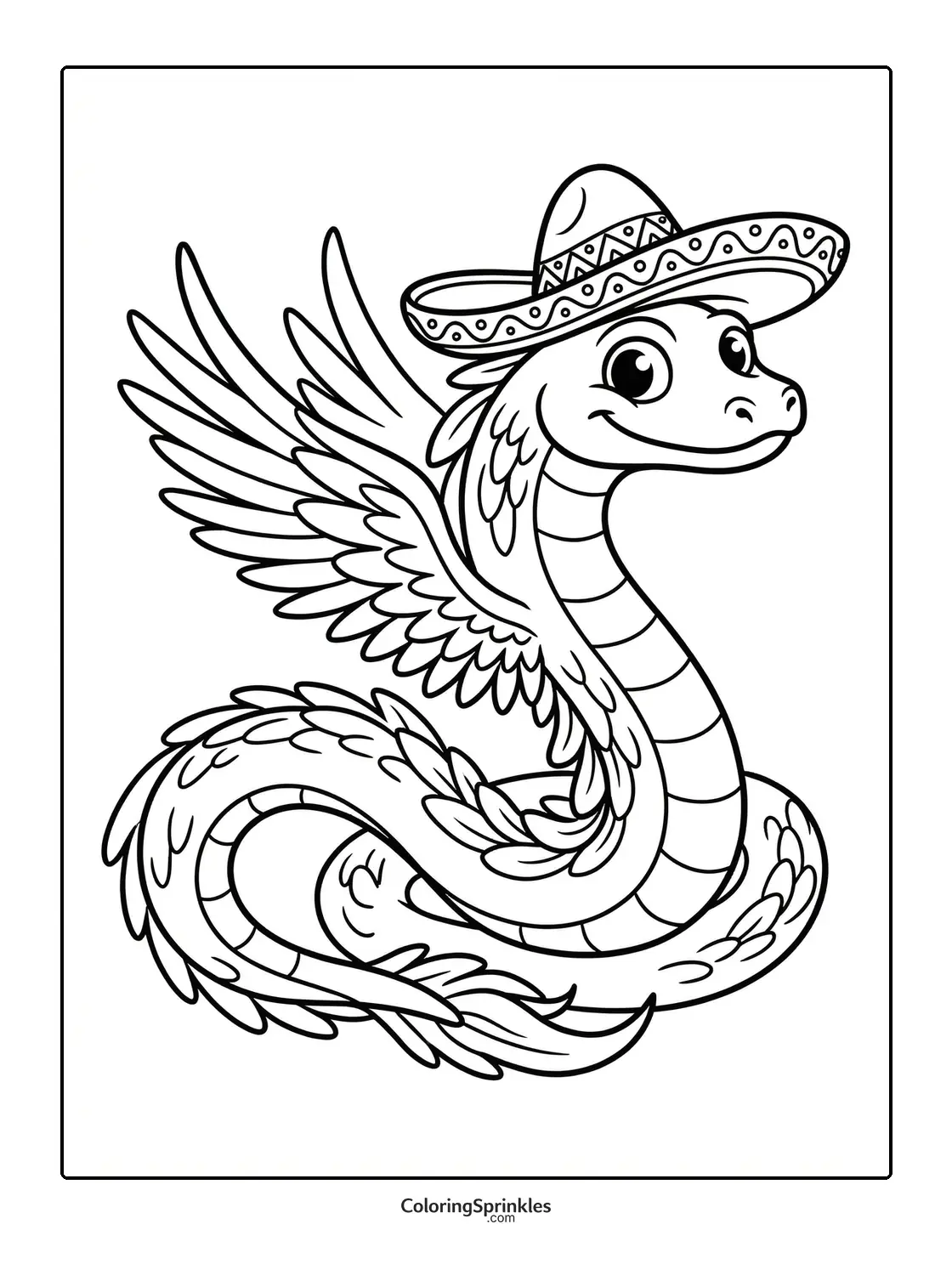 Coloring page of a winged snake wearing a sombrero for Cinco de Mayo