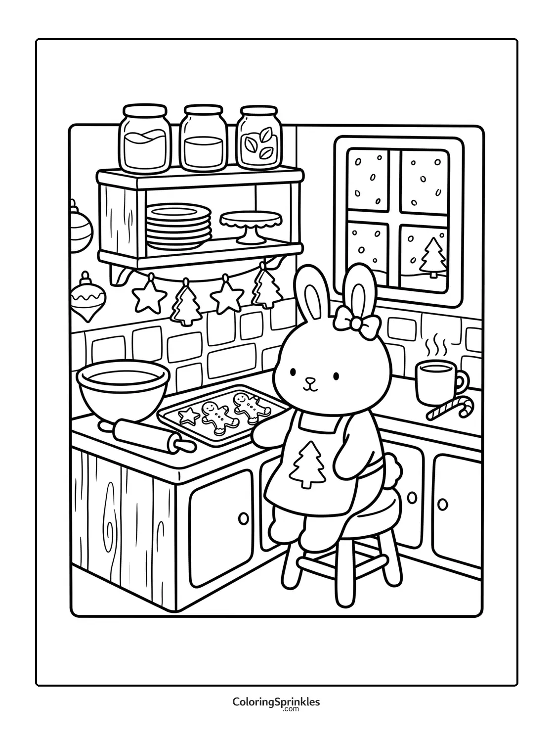 Coloring page of a bunny baking Christmas cookies in a kitchen