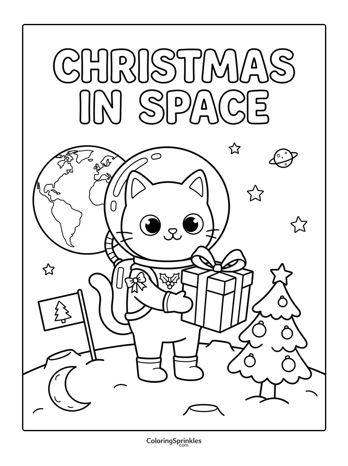 Coloring page of a cat astronaut holding a Christmas gift on the moon