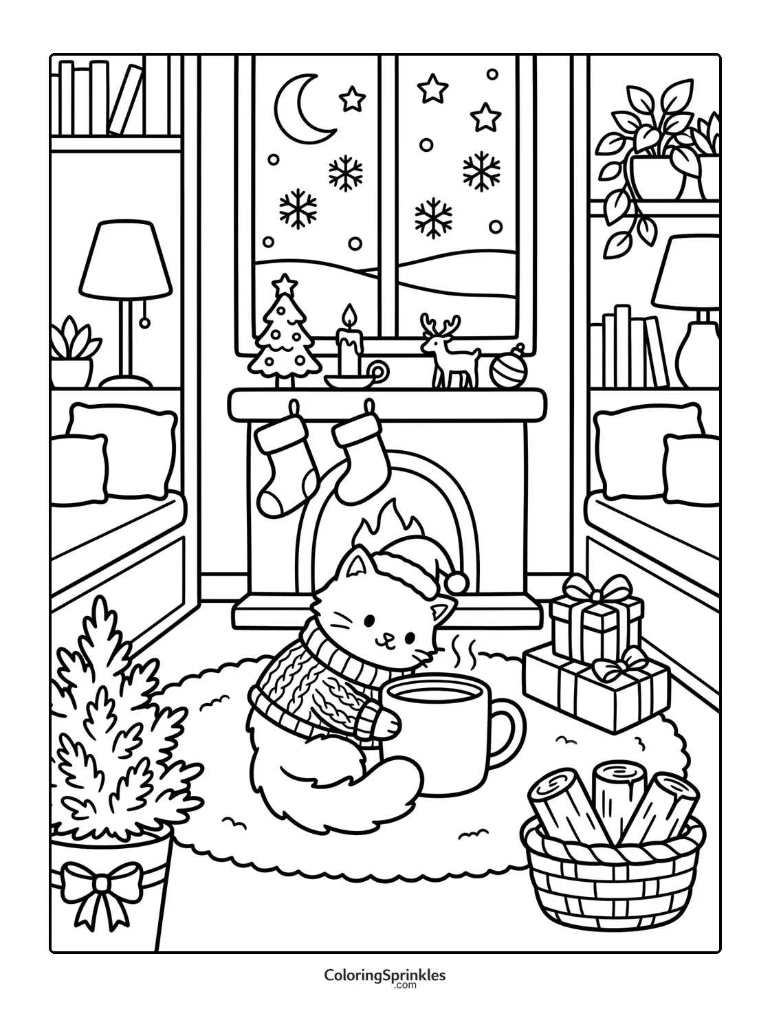 Coloring page of a cat wearing a sweater and Santa hat by a Christmas fireplace