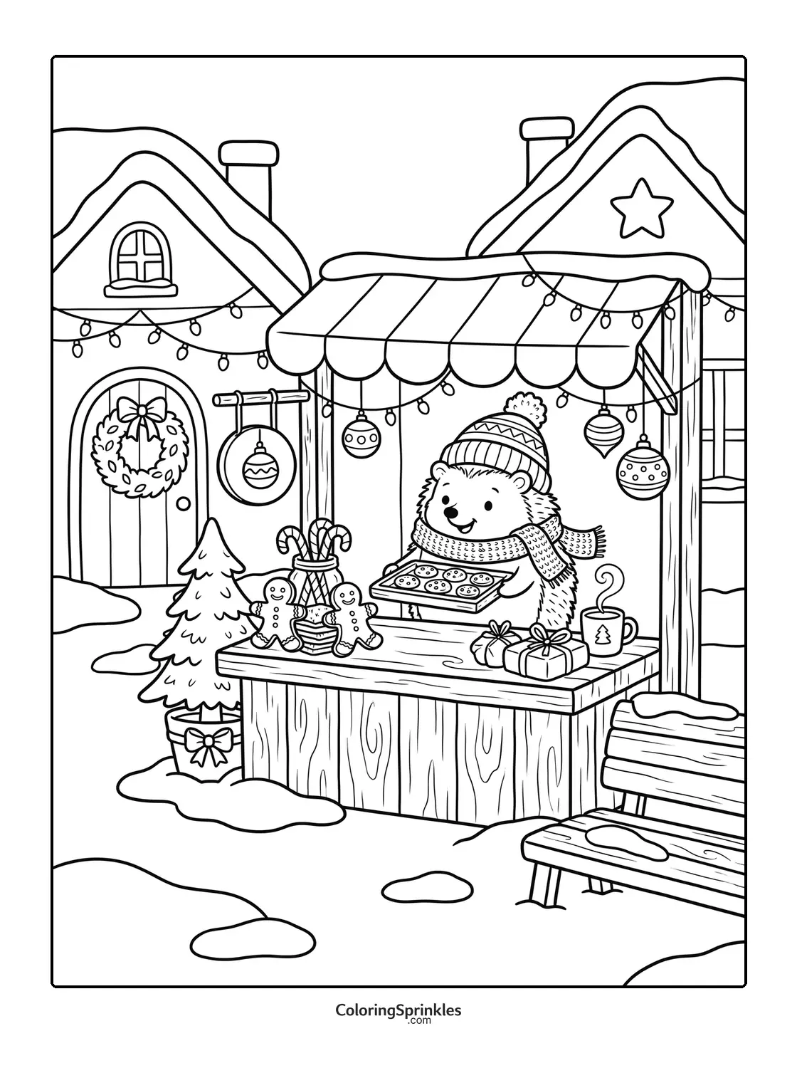 Coloring page of a bear baking cookies at a Christmas market stall