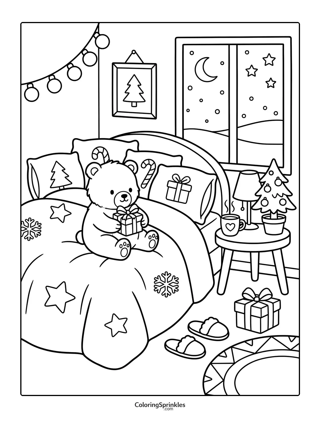 Coloring page of a Christmas bear sitting on a cozy bed holding a gift in a decorated bedroom