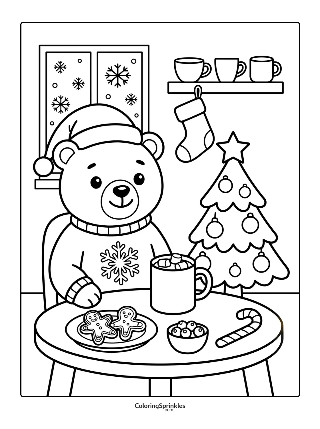 Coloring page of a Christmas bear with hot chocolate and cookies by a decorated tree