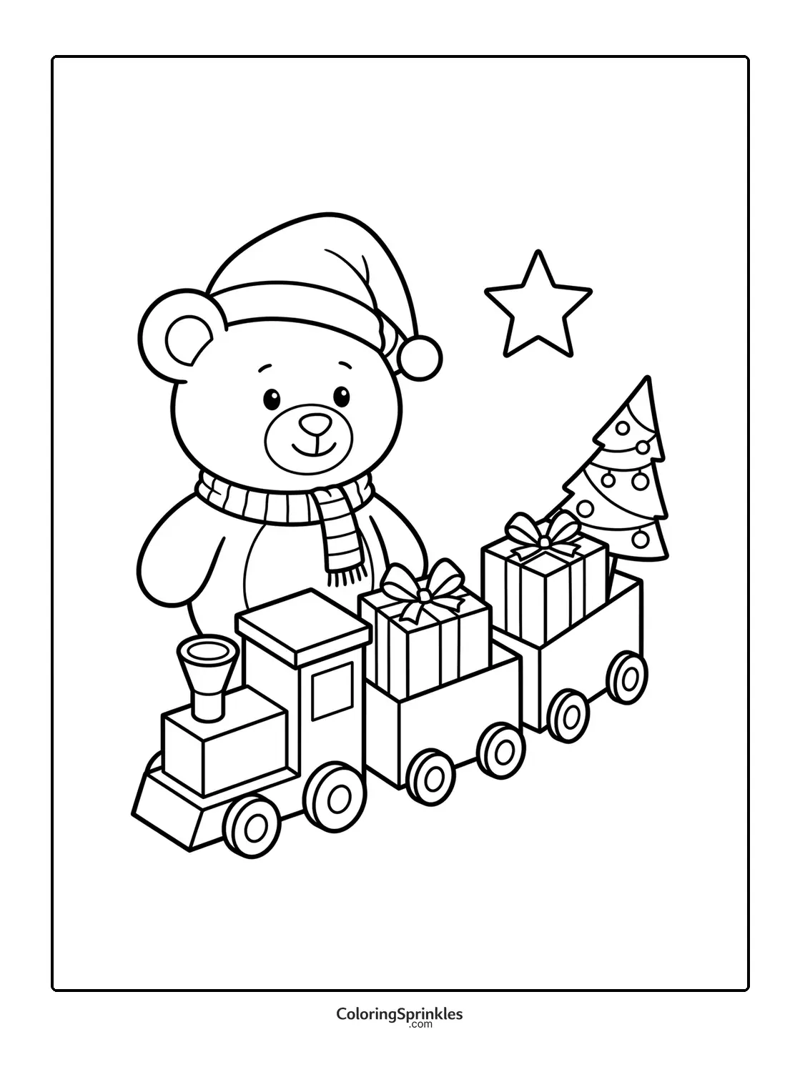 Coloring page of a Christmas bear with a toy train carrying presents and a tree