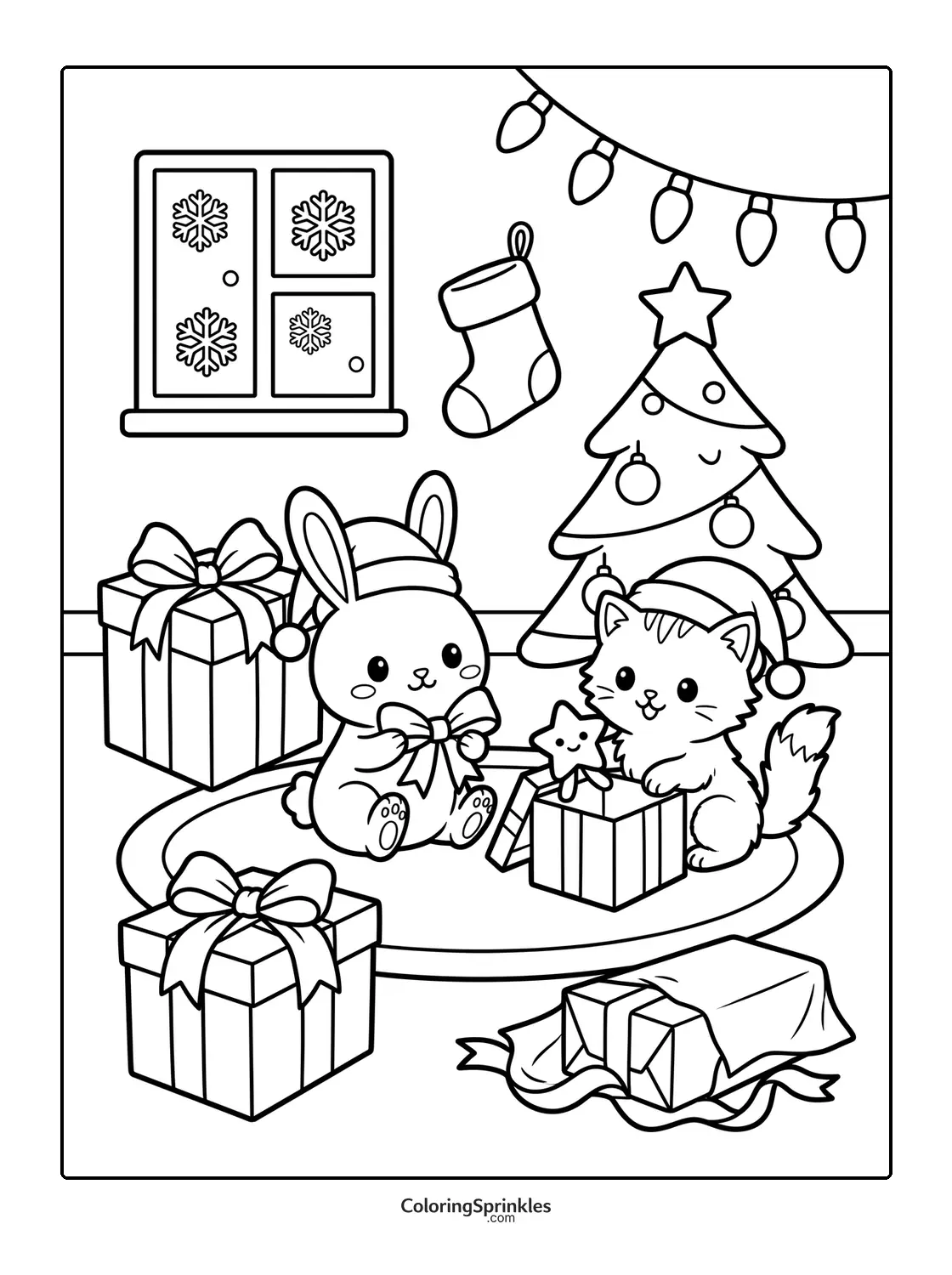 Coloring page of a bunny and a cat with Christmas gifts and a decorated tree