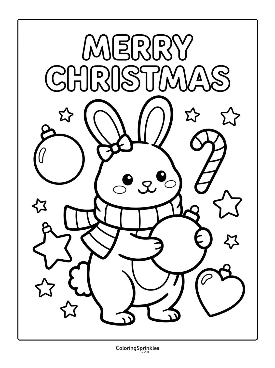 Coloring page of a Christmas bunny holding an ornament with candy cane and stars