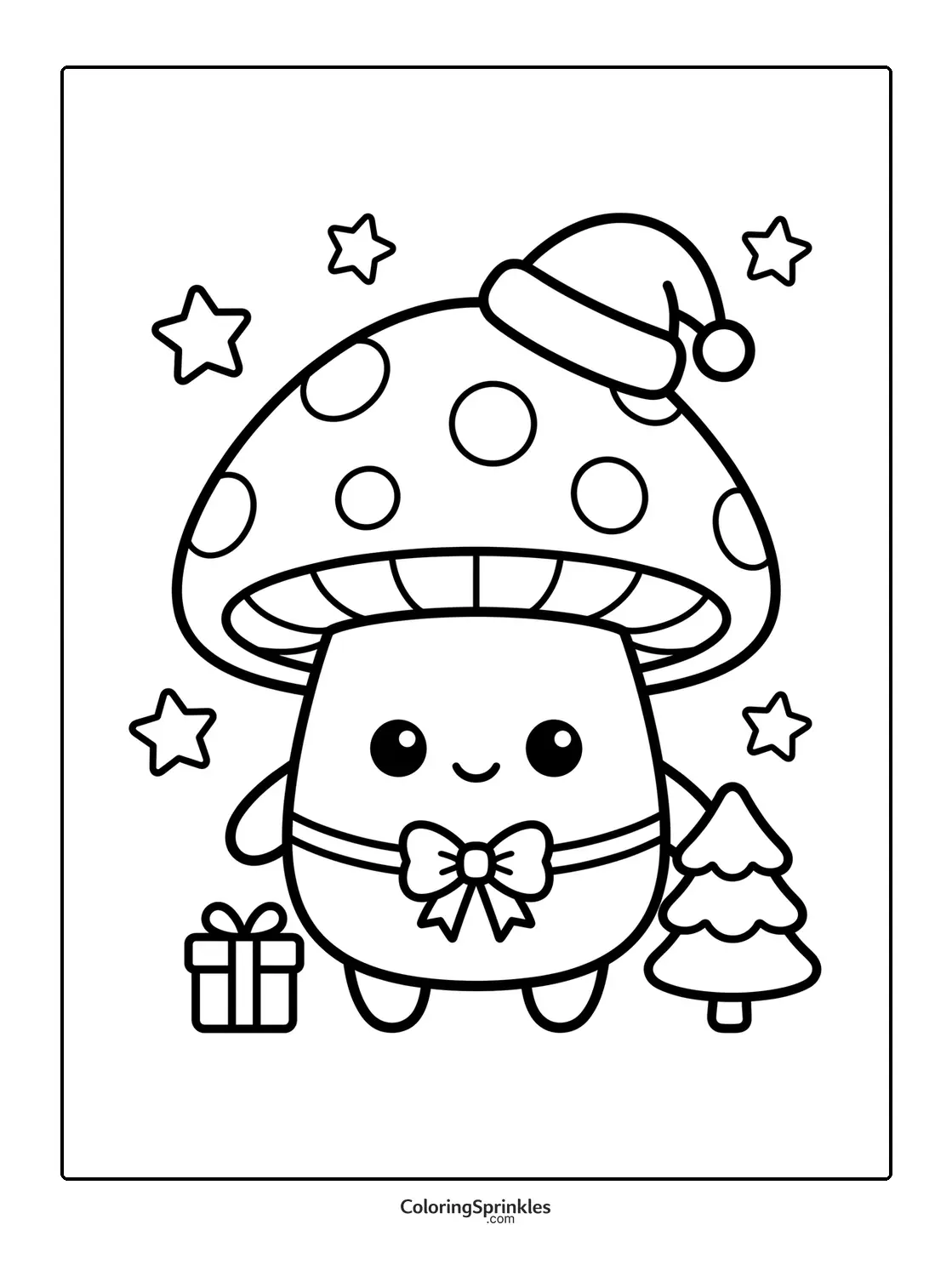 Coloring page of a cute mushroom wearing a Christmas hat with a gift and tree