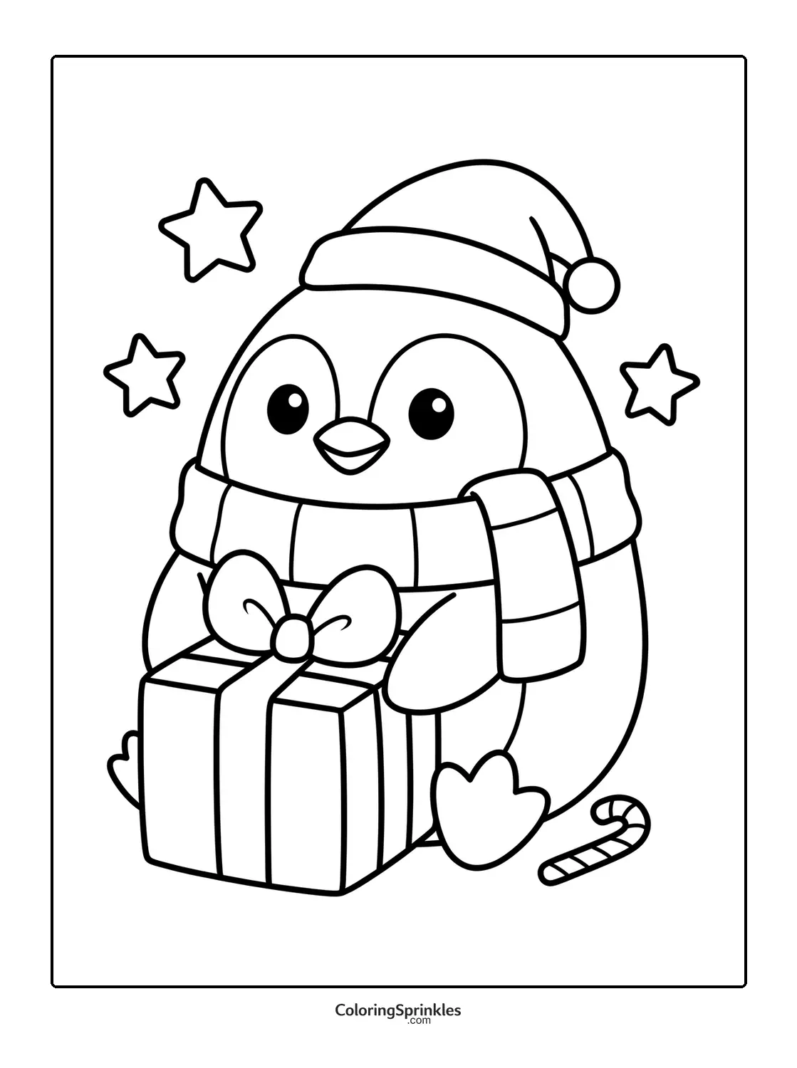Coloring page of a Christmas penguin holding a gift with a candy cane