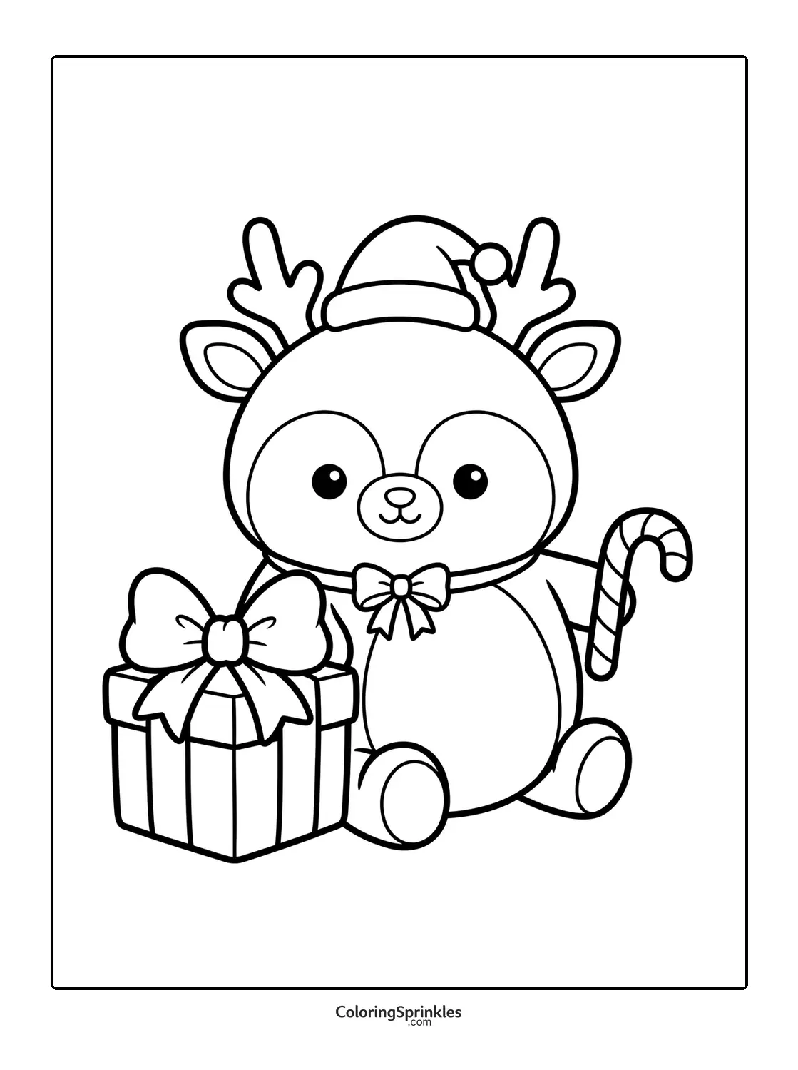 Coloring page of a Christmas reindeer holding a candy cane with a gift box
