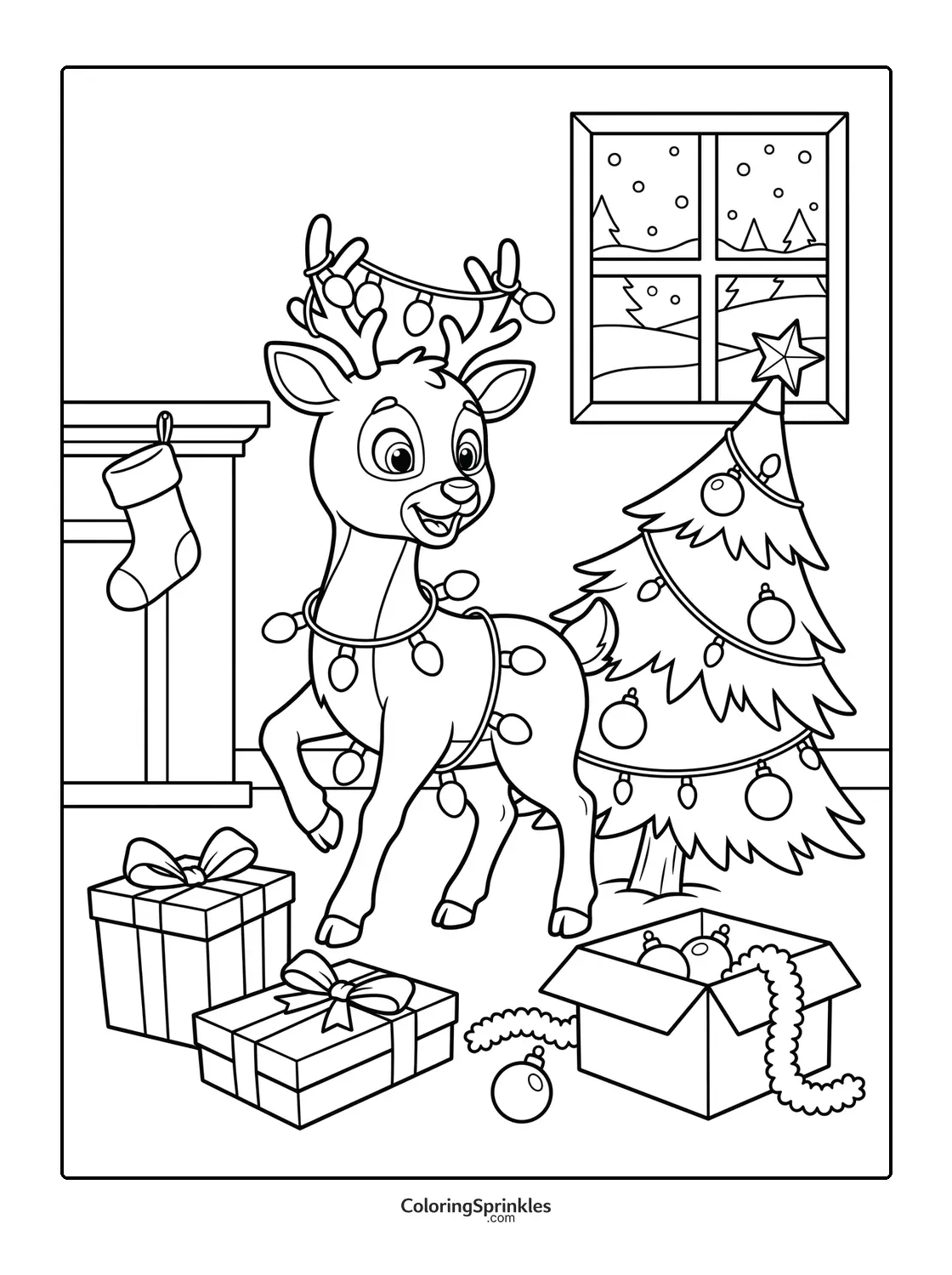 Coloring page of a Christmas reindeer tangled in lights near a decorated tree and presents